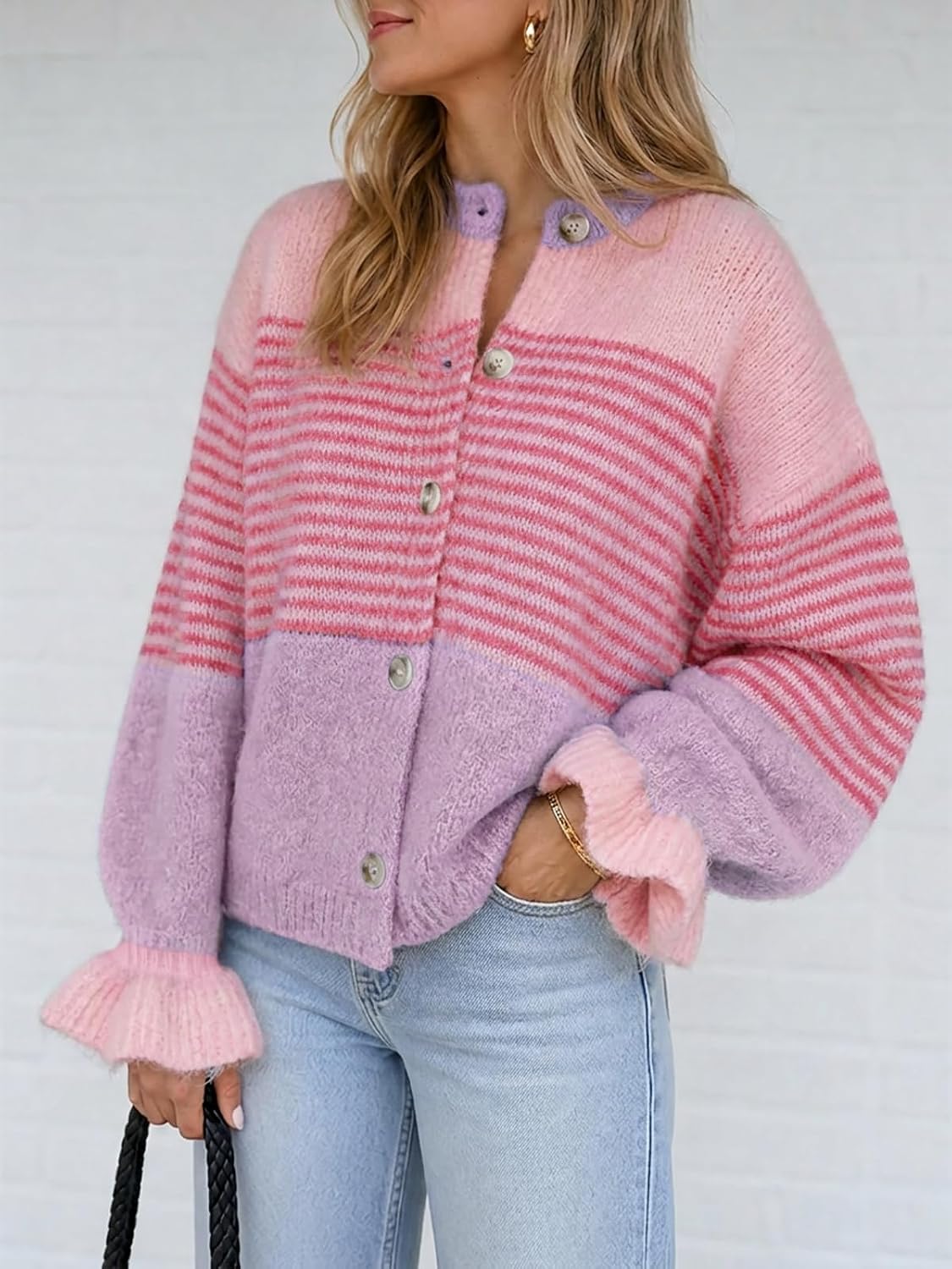 Saodimallsu Womens 2026 Fall Trendy Striped Cardigan Sweaters Ruffle Sleeve Button Up Loose Color Block Sweater Coats image 4