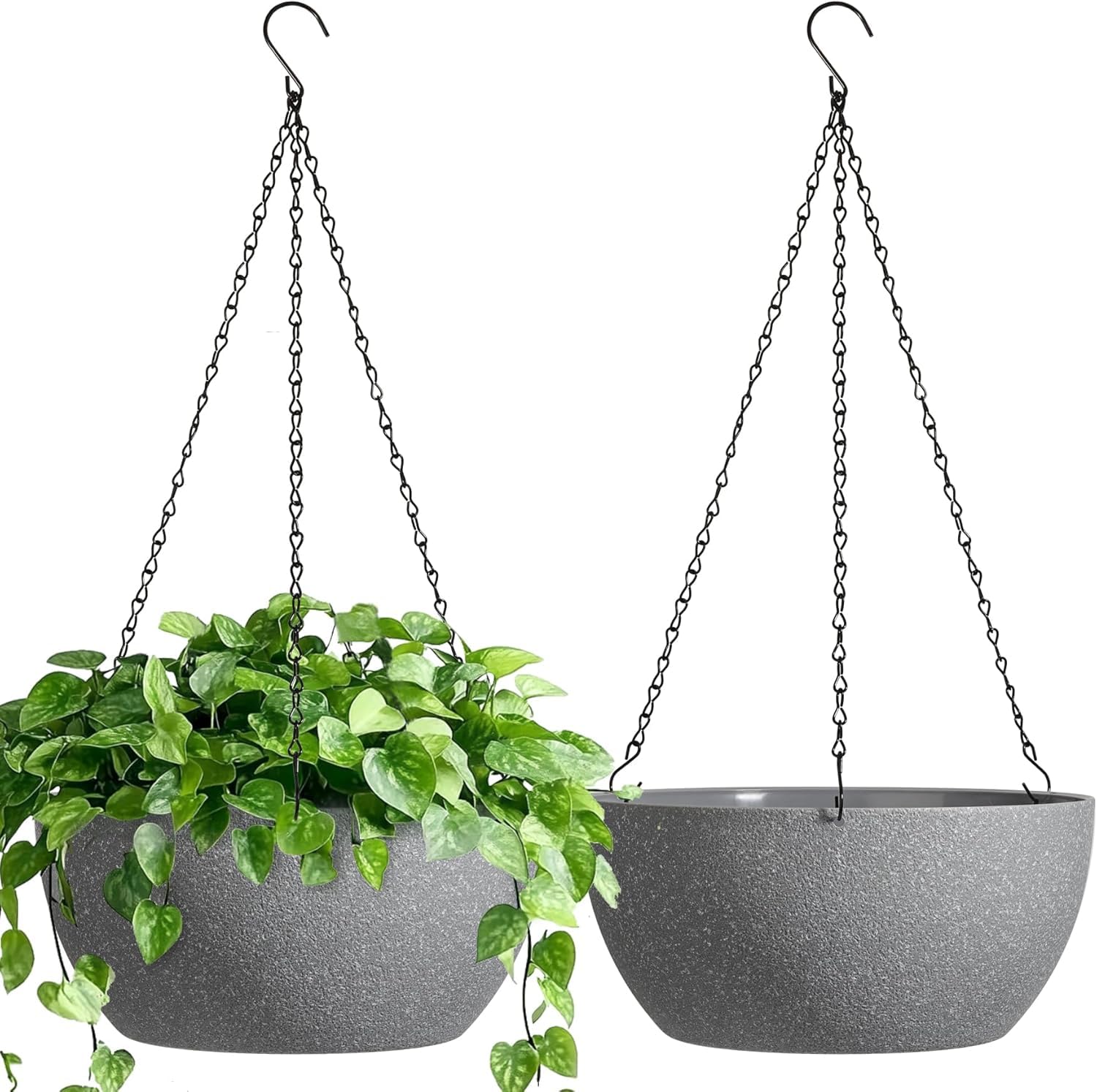 T4U Blumentopf Hängend Plastik Außen 2er Set,Φ30CM Hängetopf für Pflanzen Grau, Hängeampel Outdoor mit Haken Rund Gross,Zimmer Deko Aesthetic,Blumenampel Hängend Innen für Zuhause,Hängetopf für Büro