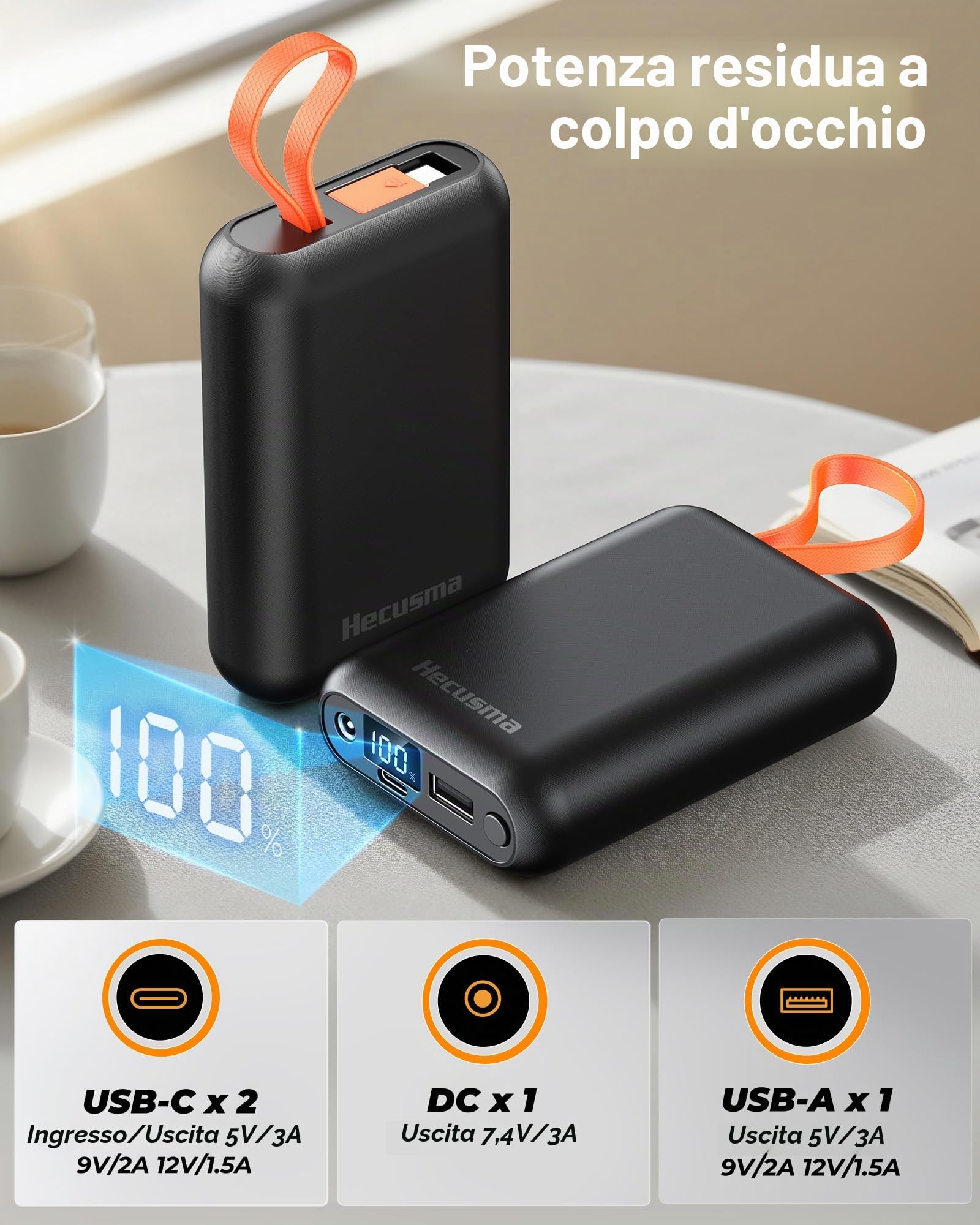 Power Bank per Gilet Riscaldato 7,4V 20.000mAh, Portatile Batteria per Gilet Riscaldato con cavo USB-C integrato, 1 porta USB-C, USB-A e DC, con Display LCD