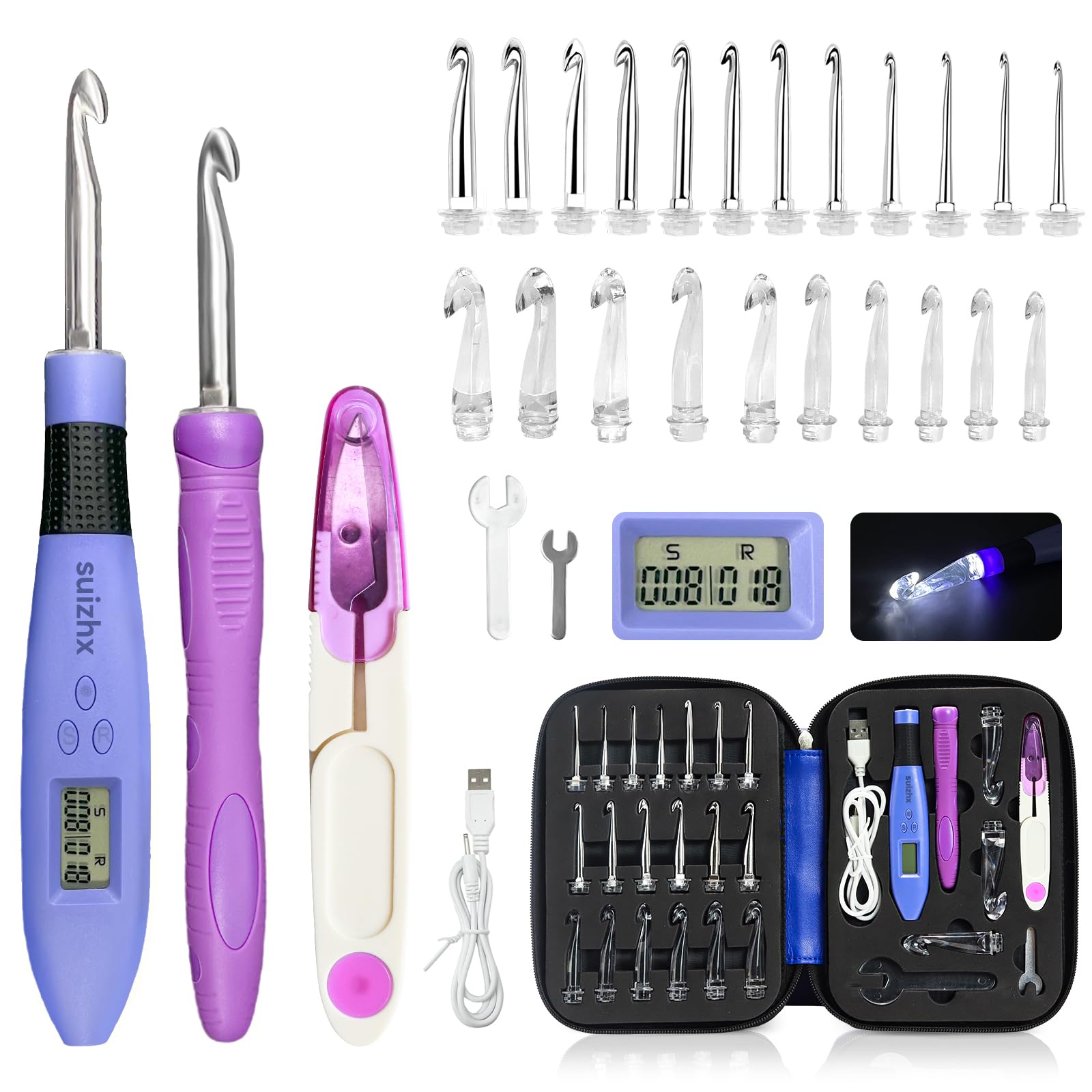 Counting Crochet Hook Set Digital, Crochet Kit with 22 Different Size Interchangeable Crochet Needle, Light Up Crochet Hooks for Stitch & Row Counter, Ergonomic Crochet Hooks with 2 Levels Led