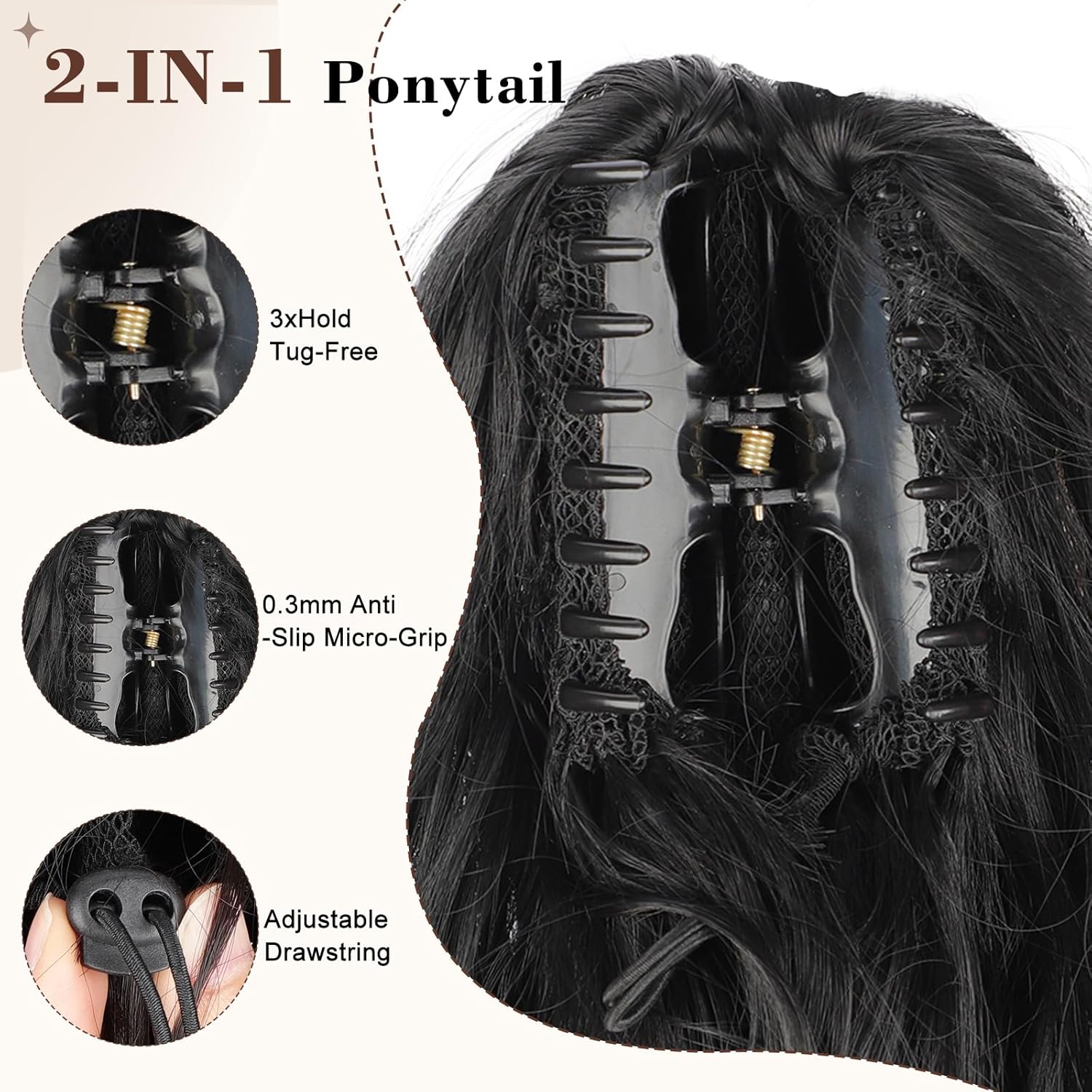 AISI BEAUTY Black Ponytail Extension, 20 inch Long Wavy Curly Claw Clip Ponytail Hair Extensions, Natural Synthetic Hairpiece for Women Daily Wear