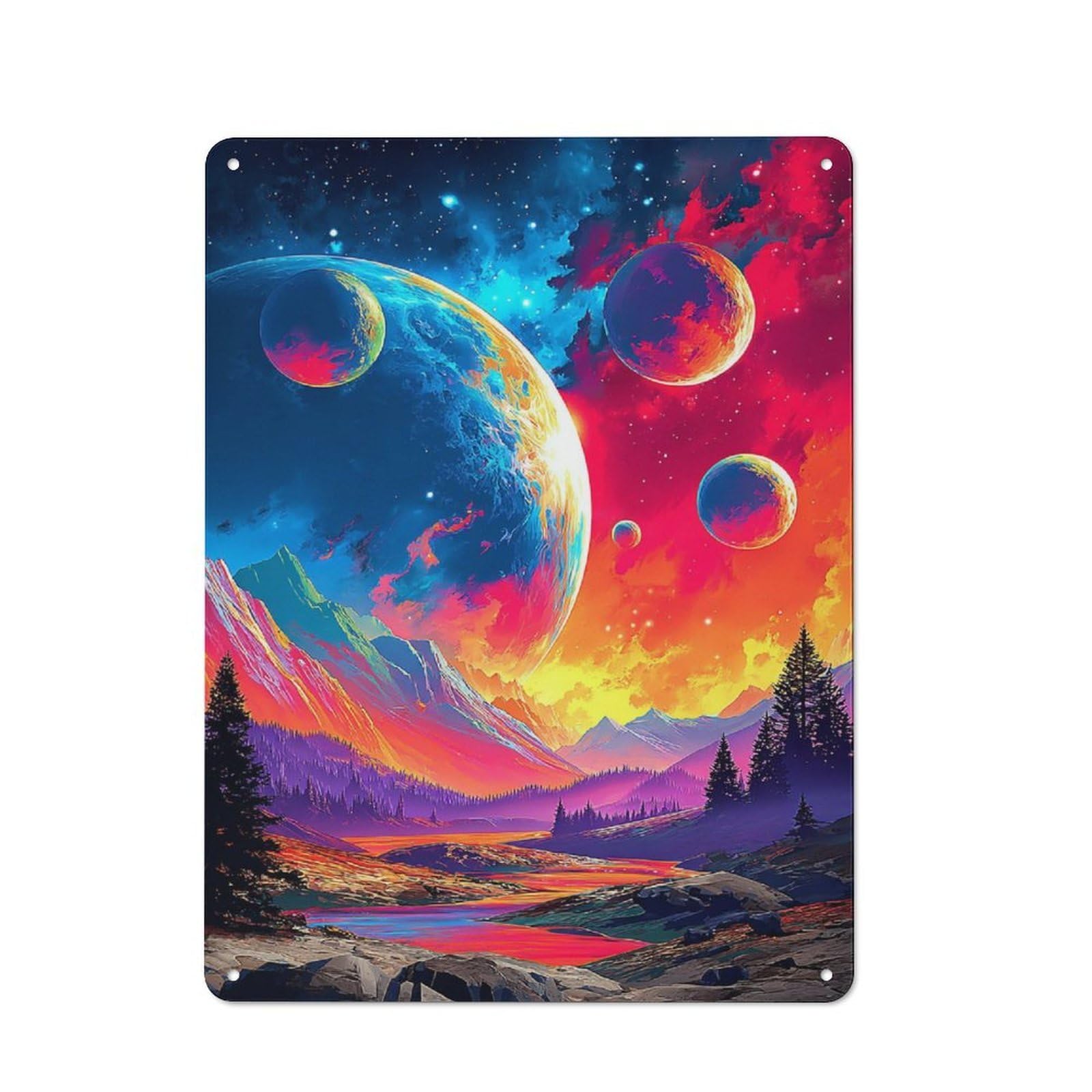 Classic Metal Plaque 40x30cm Featuring Colorful Fantasy Landscape with Planets -1, Bistro Wall Plaque for Kitchen, Cafe, Pantry Or Dining Room