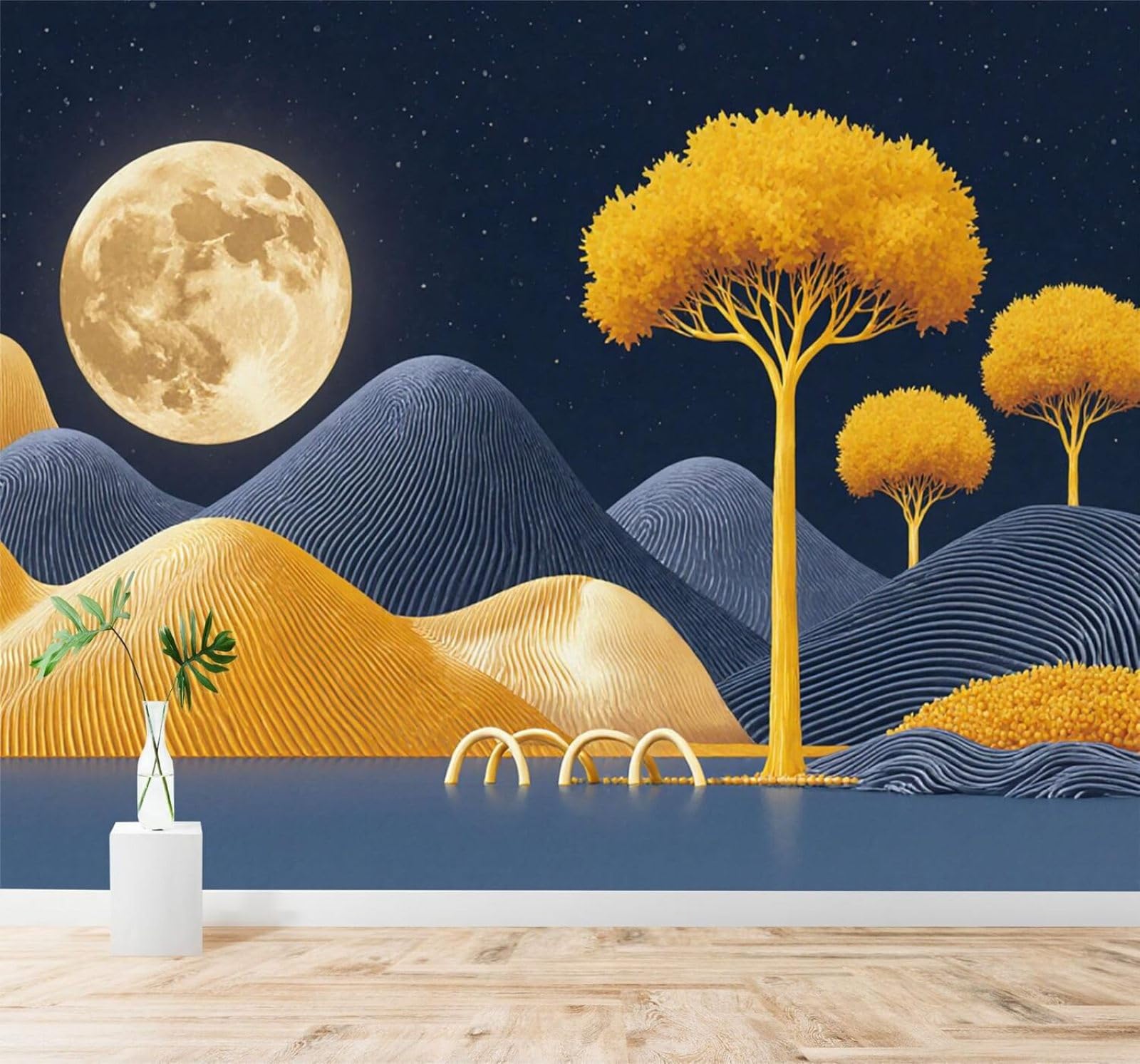 XLMING Golden Moonlight Starry Sky Yellow Trees Blue Hills Landscape 3D Wallpaper Premium Textured Silk Study Dining Living Room Bedroom Sofa TV Wall Easy Install-250cm×170cm