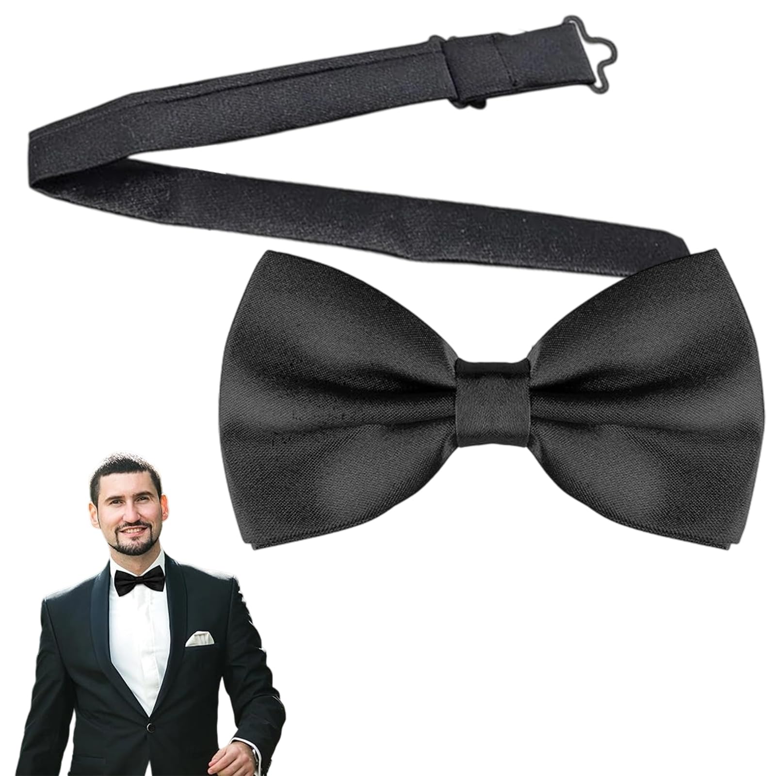 Makoto Nobu Men's Black Adjustable Bowtie For Pre-Tied Bow Tie, Tux Two Layer Bows For Wedding, Parties, One Size, Solid Color