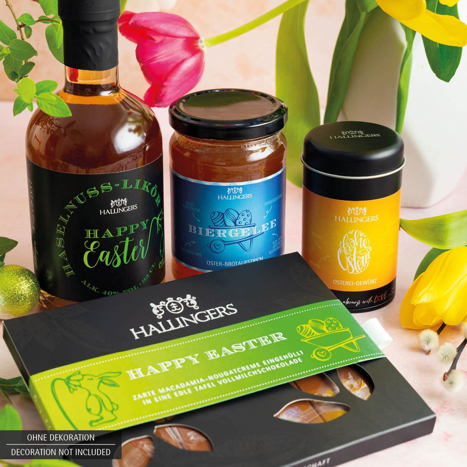 Hallingers Genuss Manufaktur Feinkost Oster-Geschenk-Set - XXL-Wundertüte "Gruß vom Osterh..." großes Osternest Ostertafel, Biergelée, Likör & Osterei-Gewürz, Ostern Körbchen für Frauen Männer