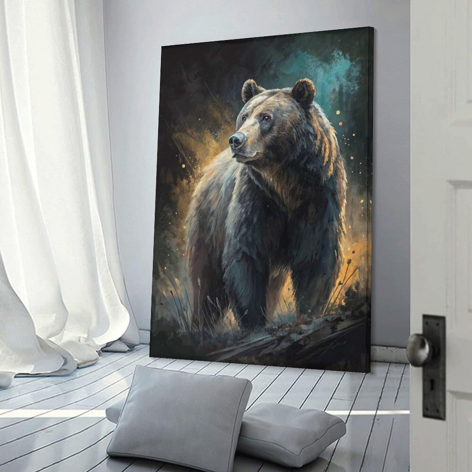 Junmoney Frame-Style-5 Grizzly Bear In A Moody Forest Decorative Canvas Print, 20X30inch(50X75cm), For Gallery Wall Decor And Room Displays, Wall Decor Suited To Curated Displays