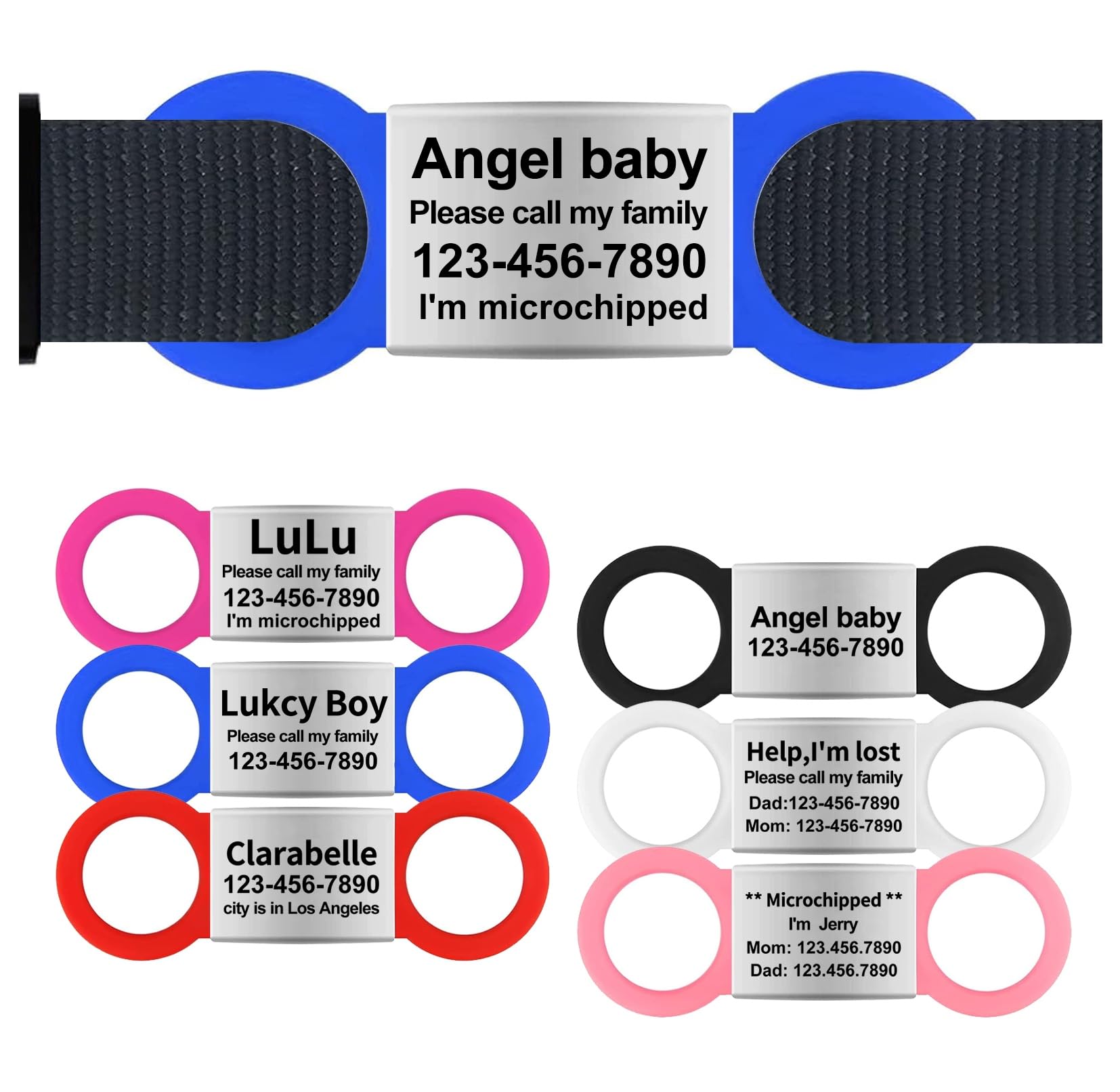 Silent Slide On Dog Cat ID Tags, Personalized Laser Engraved On Collar, Elastic Silicone Band and Stainless Steel Name Plate (Blue, Large)