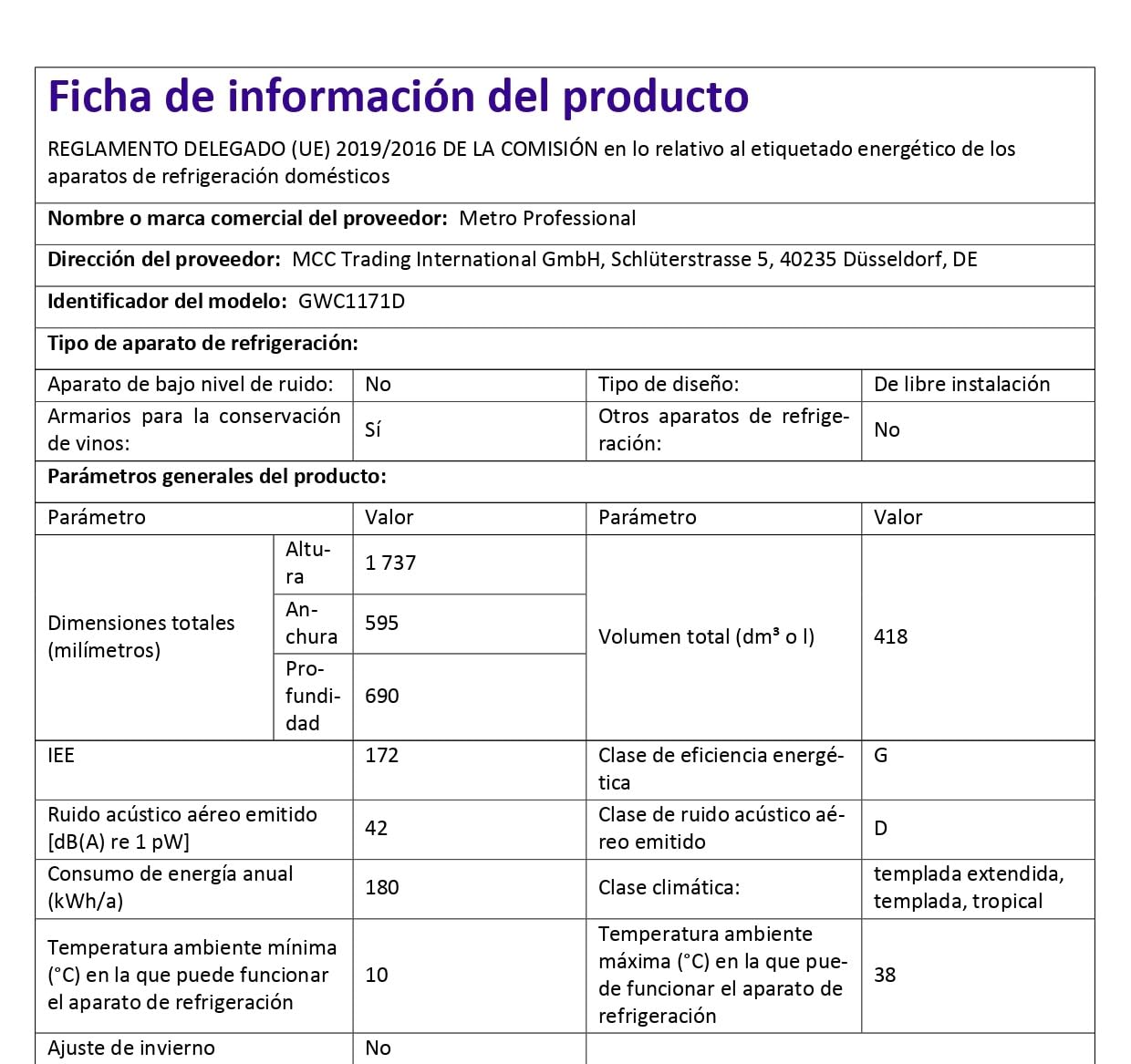 METRO Professional Vinoteca GWC1171D, acero inoxidable/vidrio, 8 estantes de madera, termostato digital, para 171 botellas de vino, con cerradura, negro/plateado