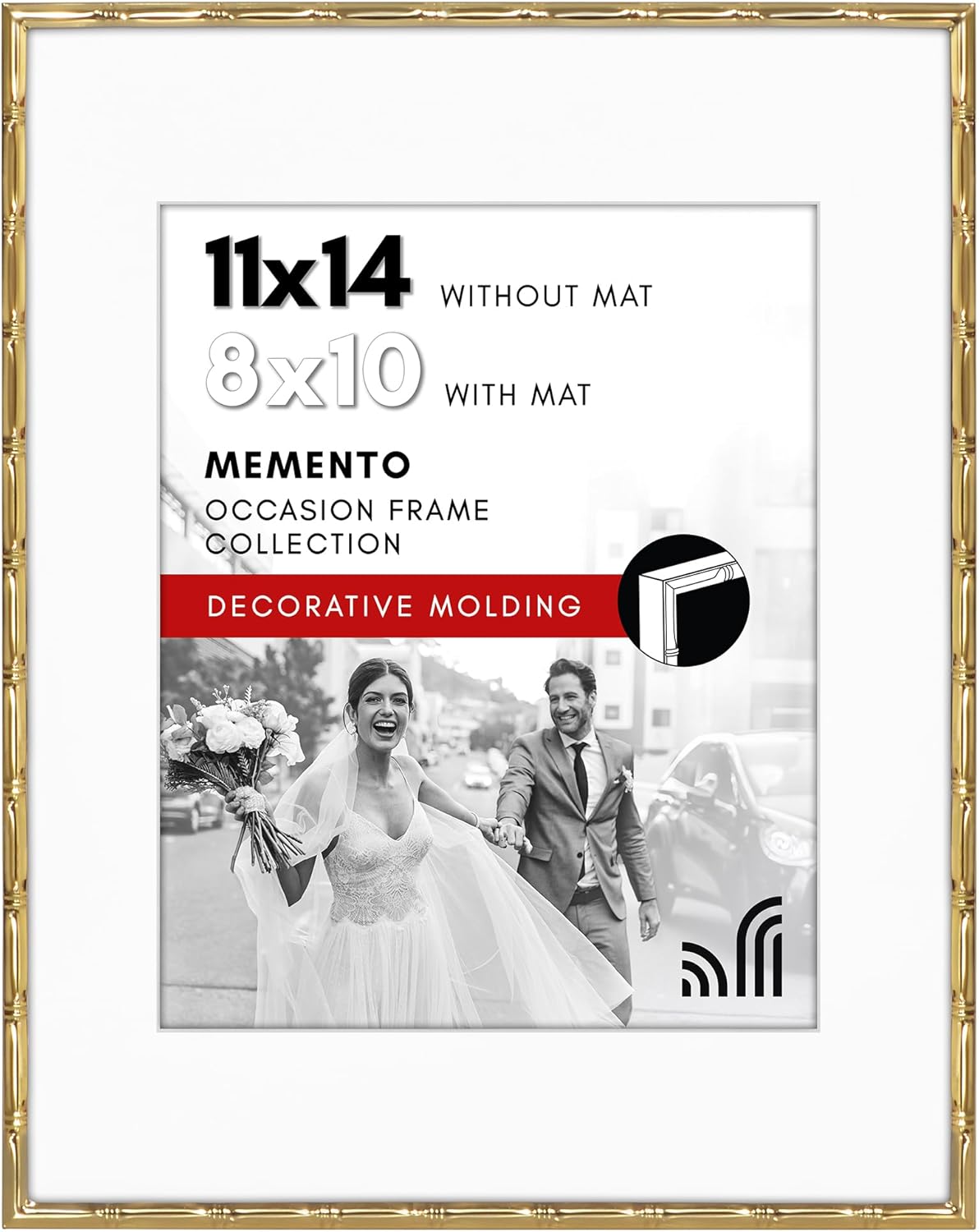 Americanflat 11x14 Picture Frame with Bamboo-Style Molding and Shatter-Resistant Glass - Use as 8x10 Frame with Mat or Display 11x14 Photo Without Mat - Elegant Gold Bamboo Frames for Tabletop or Wall