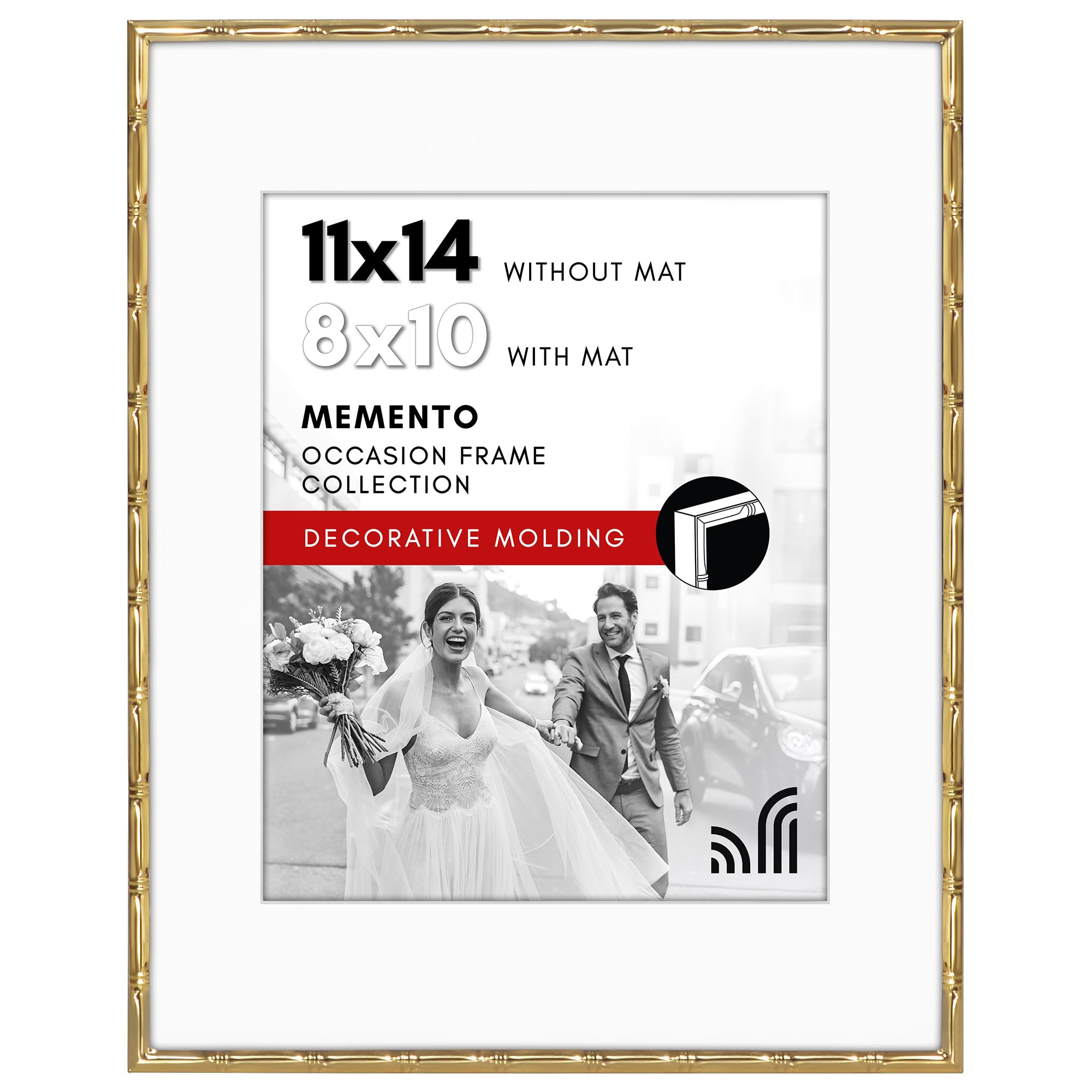 Americanflat 11x14 Picture Frame with Bamboo-Style Molding and Shatter-Resistant Glass - Use as 8x10 Frame with Mat or Display 11x14 Photo Without Mat - Elegant Gold Bamboo Frames for Tabletop or Wall