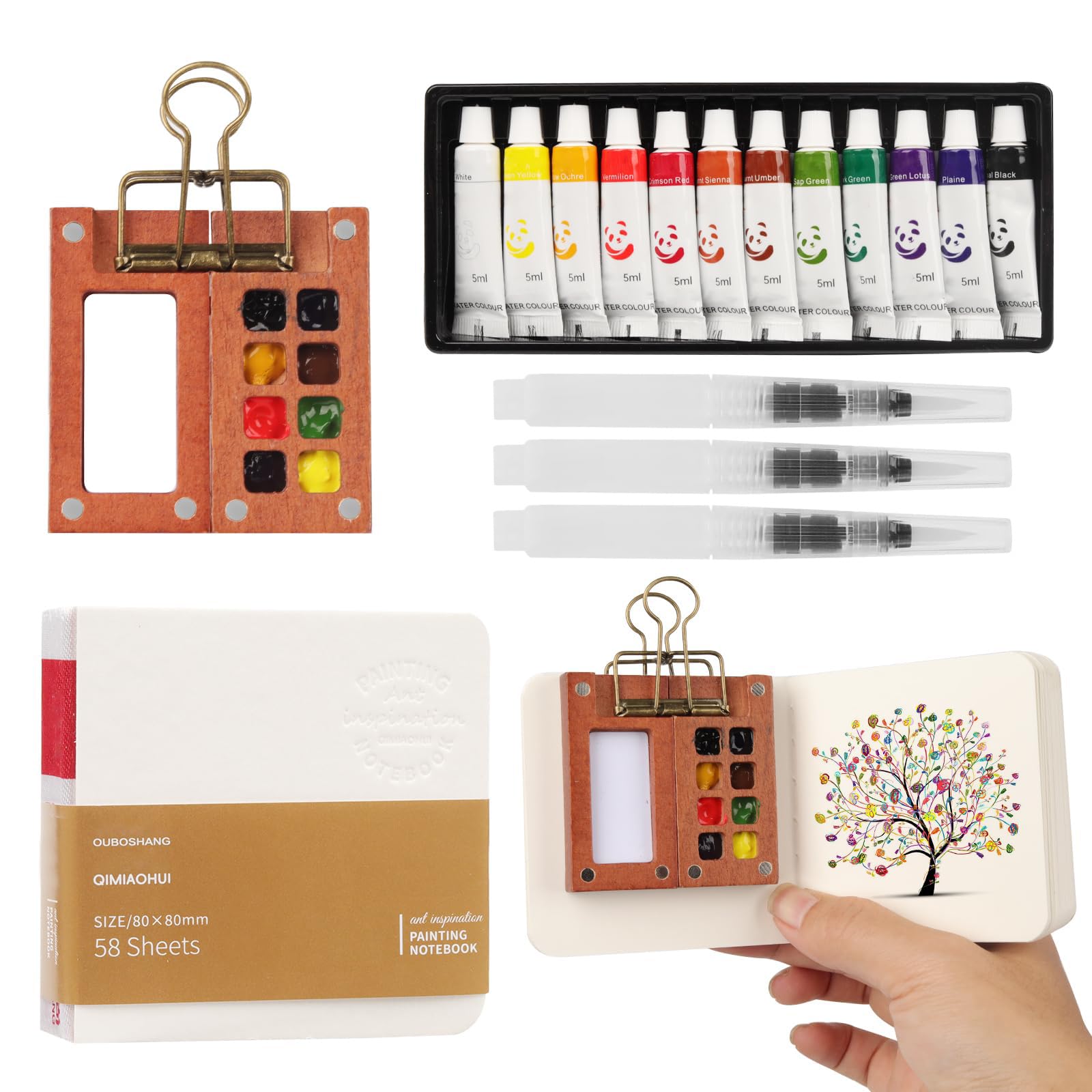 Mini Aquarell Travel Set, Skizzenbuch Palette Set 8 Grids,Tragbares Holz Malpalette Malkasten,Skizzenbuch Palette für Künstler, Studenten,mit Aquarellpapier Journal, Aquarellpinsel Stiftel, Clip