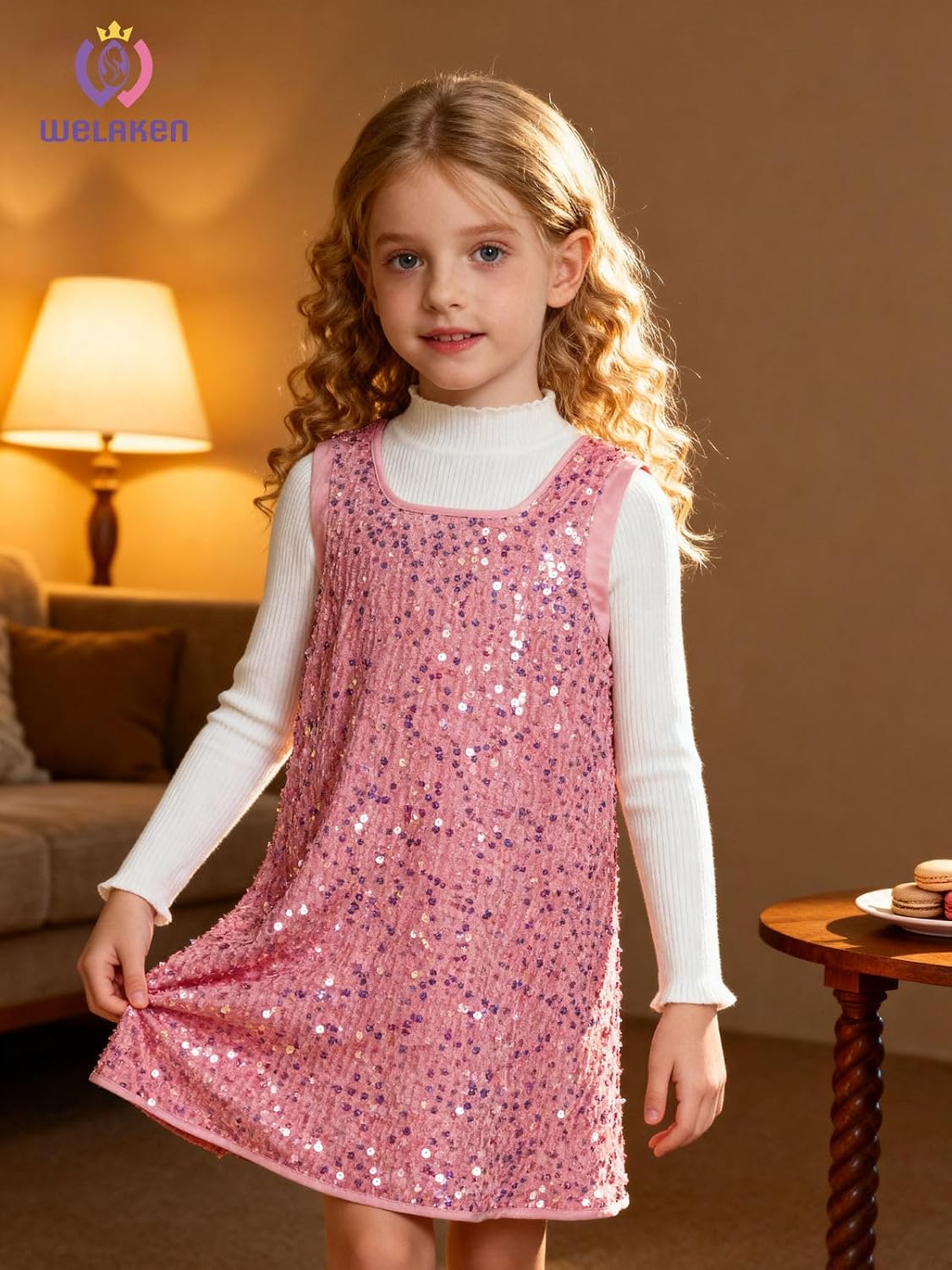 WELAKEN Girls' Sequin Dress A-Line Sleeveless Sparkly Gown Party Dresses with Faux Fur Trim