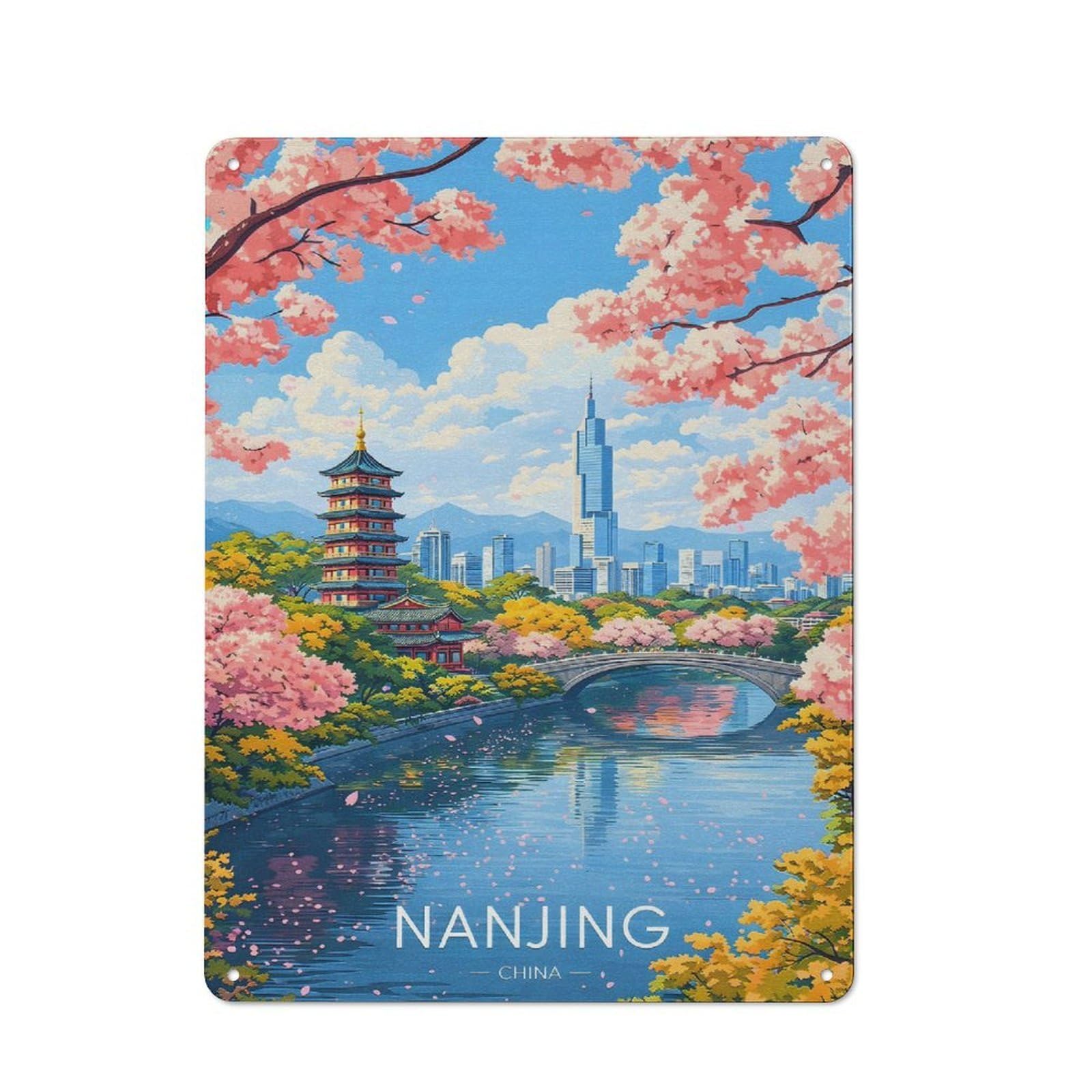 Junmoney Style-4 Metal Wall Sign 40X30cm Featuring Nanjing Cityscape With Cherry Blossoms For Café Or Home Bar, For Collectors Decorating Cafés And Home Bars