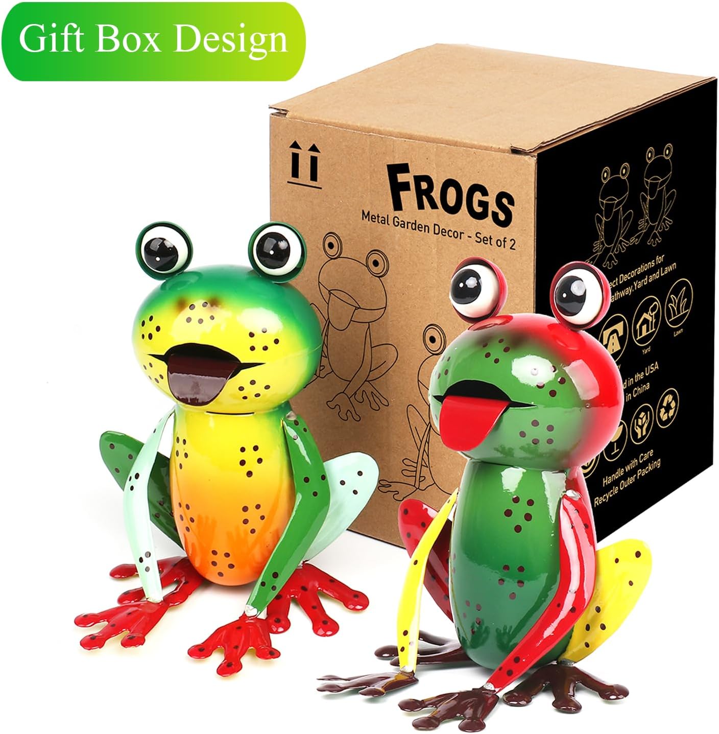 Metal Garden Decor Yard Art for Outside Set of 2 Cute Frogs Lawn Patio Ornaments Backyard Decorations Garden Gifts - (Yellow,Green) - Image 6