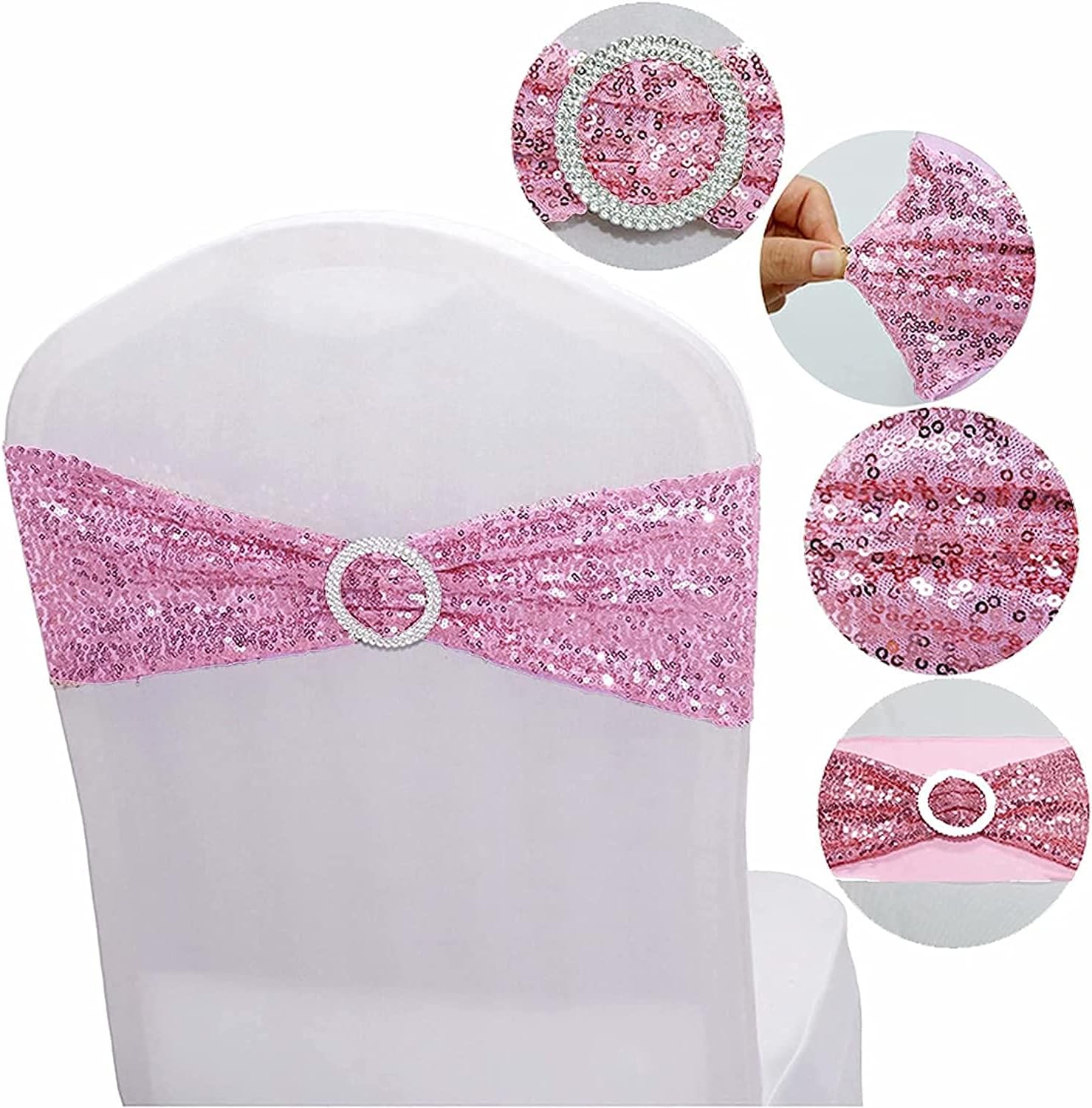 Sequin Chair Sashes Spandex, Pack of 20 Sequin Stretch with Buckle Chair Bands for Wedding Banquet Birthday Graduation Party Anniversary Prom Celebration Chair Decorations (Pink, 20pcs)