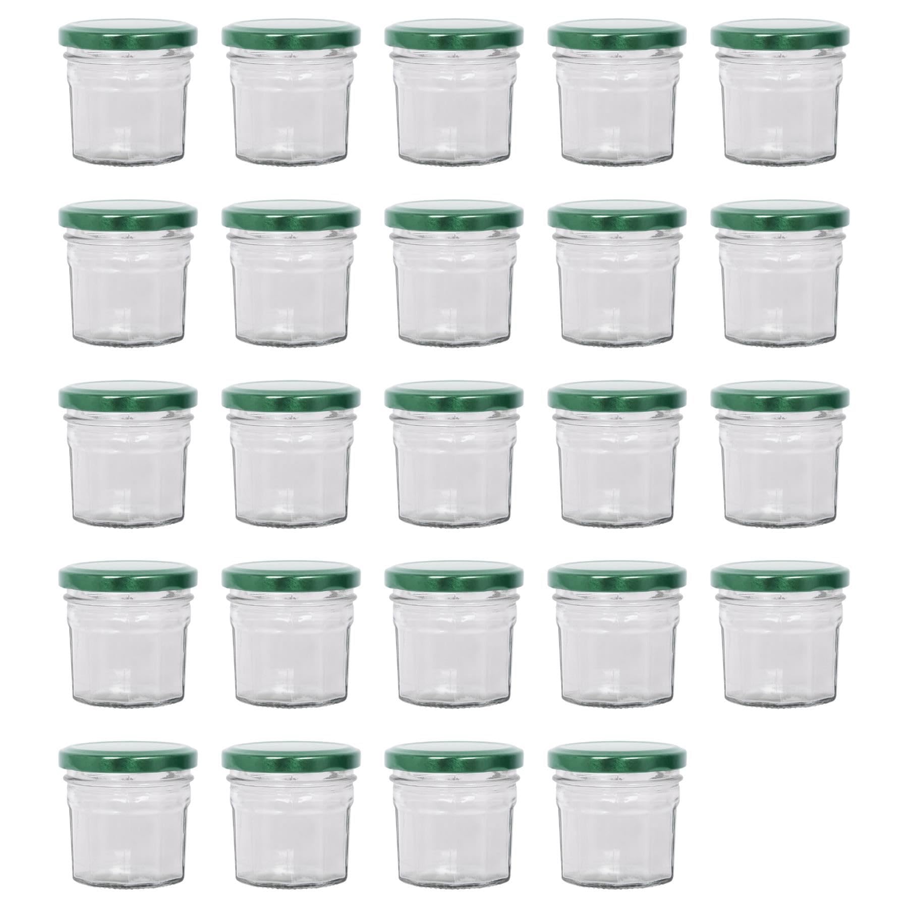 Argon Tableware 24x 90ml Glass Jam Jars with Green Lids - Empty Screw Top Kitchen Food Honey Spice Preserving Canning Storage Jar Set