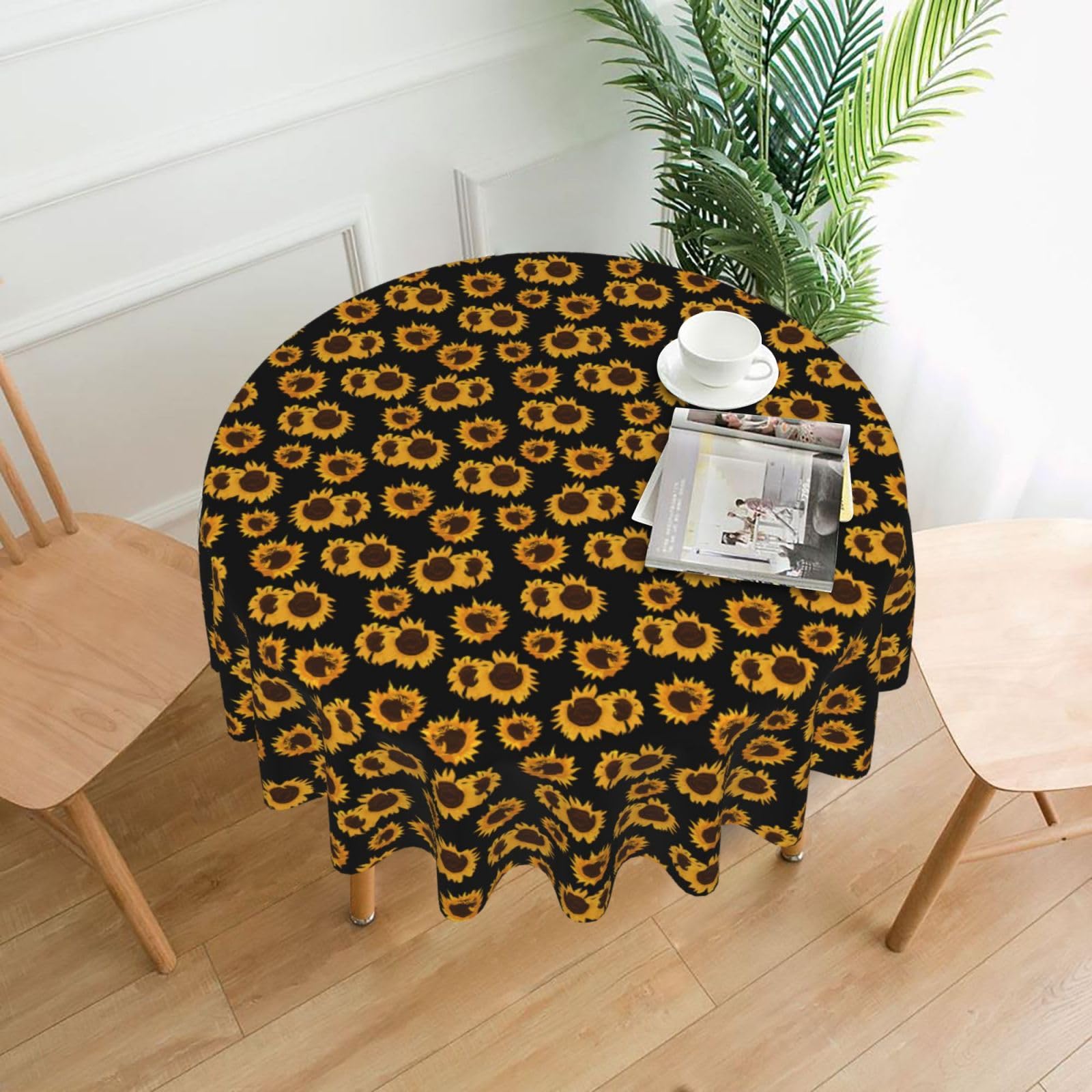 Nbtghga Golden Sunflowers Print Tablecloth Round Border Table Cloth Cover Decorative For Party Holiday Dinning Tabletop Home