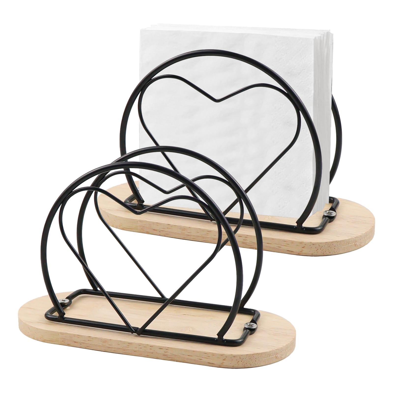 TOKSEO Serviettenhalter Schwarz, Herzform Serviettenständer aus Metall und Holz, Küche Serviettenspender, Restaurant Servietten Halter（15.7 x 10 x 6.7 cm）