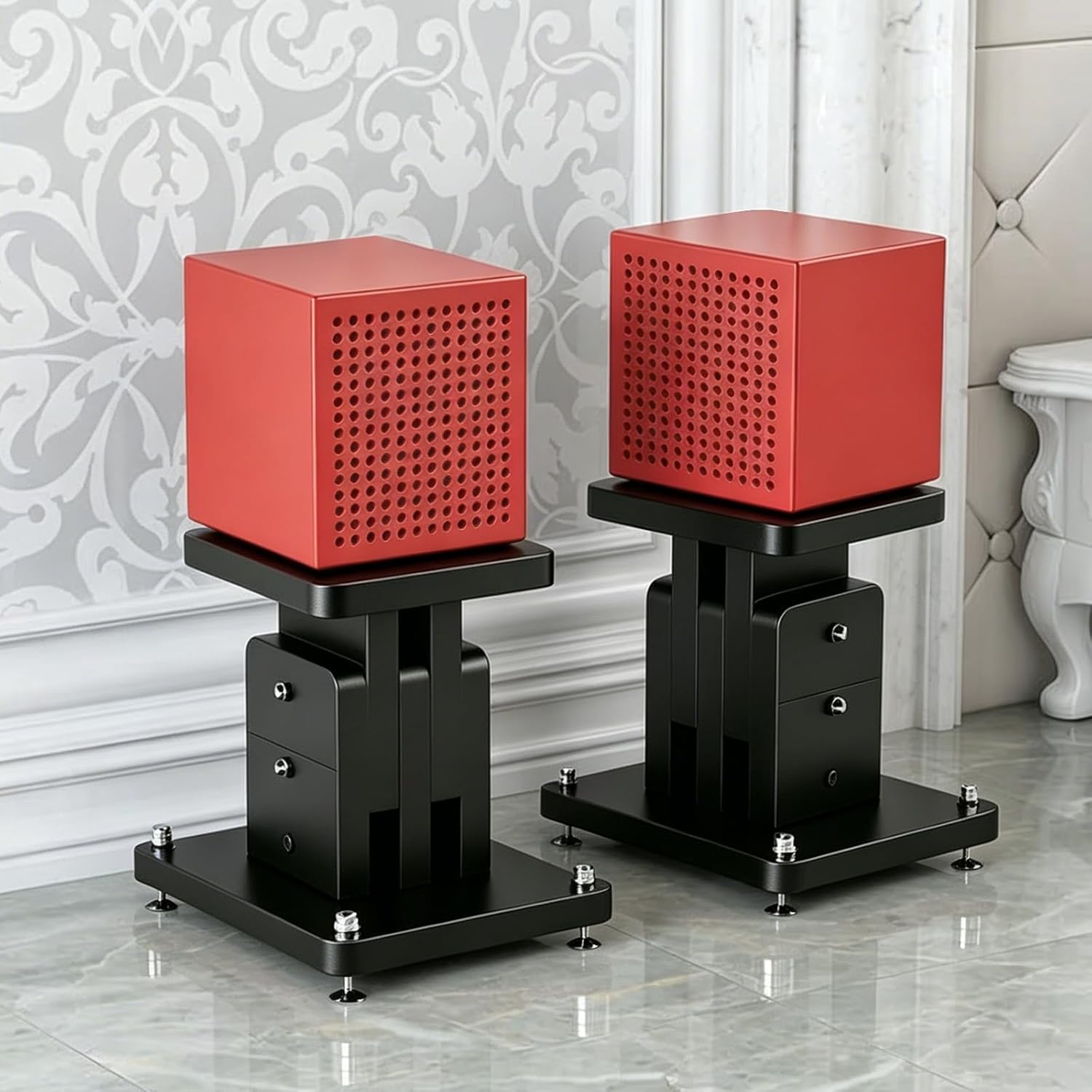 A Pair of Speaker Stand 8.66IN-10.63IN Height Adjustable, Heavy Duty Stereo Speaker Stands Holds 110Lbs Bookshelf/Satellite/Large Speaker, 11.4''x9.25'' Top Plate Vibration-Absorbing MDF Design