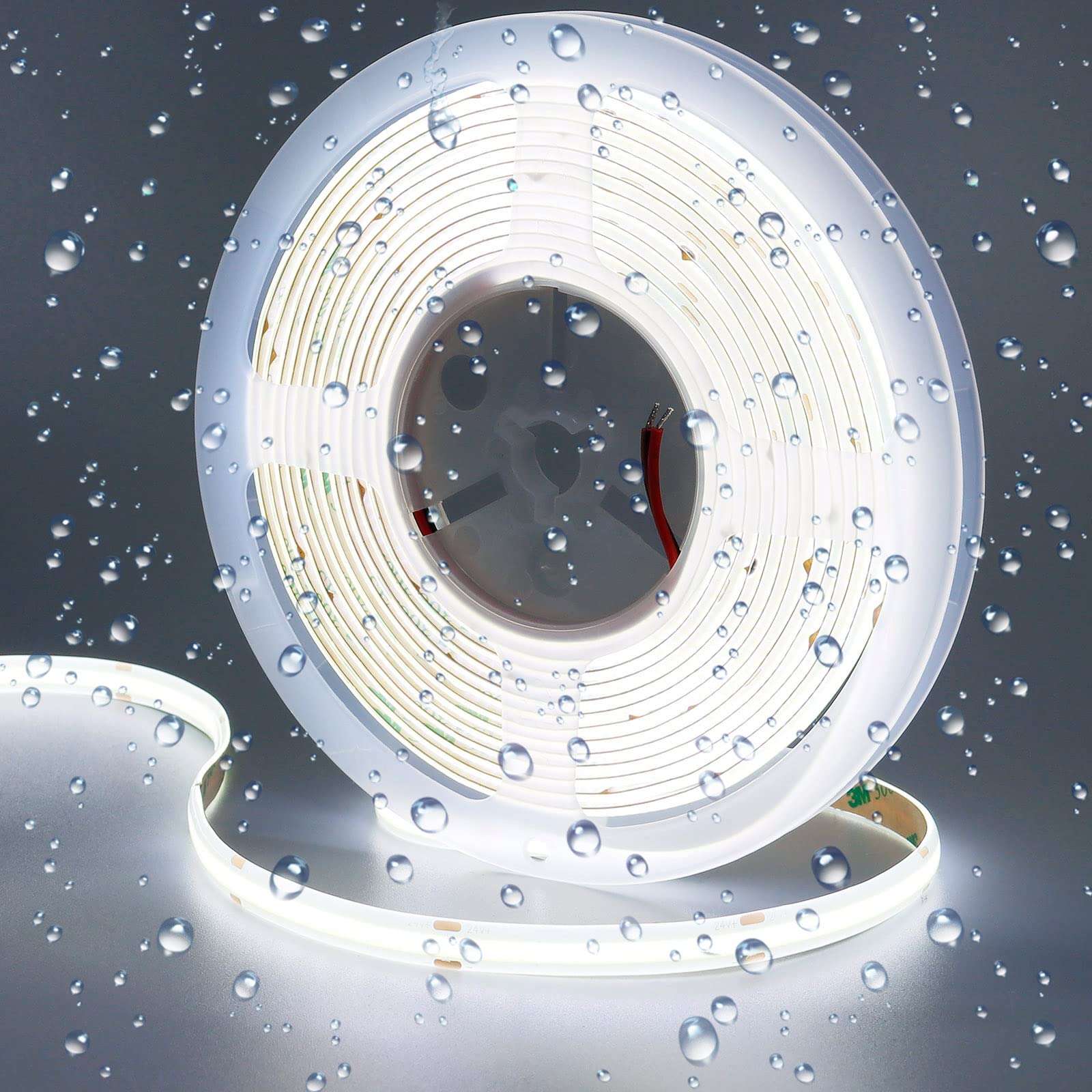 GOMING24V COB LED Strip Light Cool White 6000K 5M/16.4ft 2400LEDs Waterproof IP65 Uniform Glow CRI 93+ Flexible LED Tape Lights for DIY Cabinet Bedroom Kitchen Home Decor (No Power Supply)