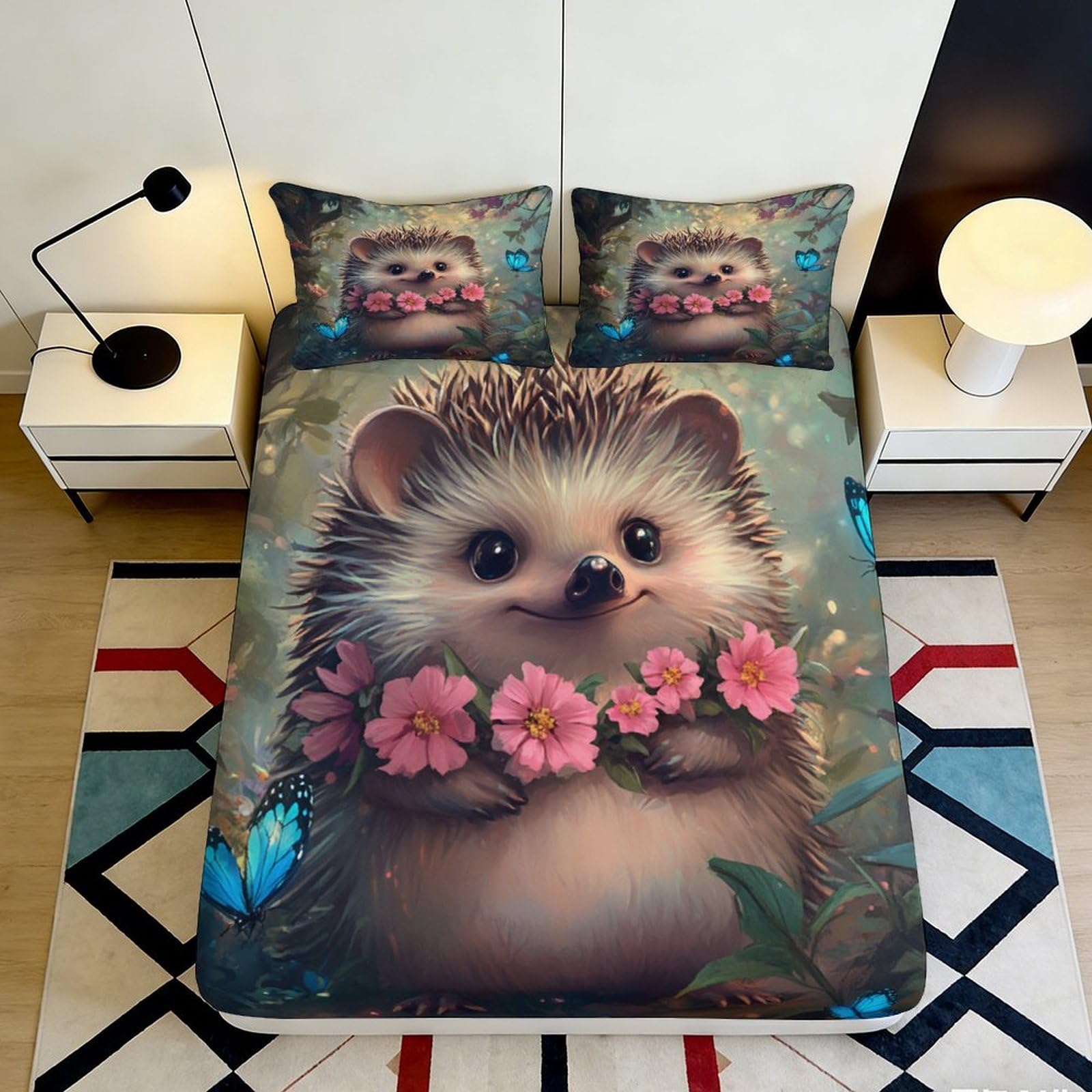 3D Printed Hedgehog Flowers Fitted Sheet Microfiber Soft Mattress Cover for Bedroom Guest Room Decor Protection 90x200x25cm