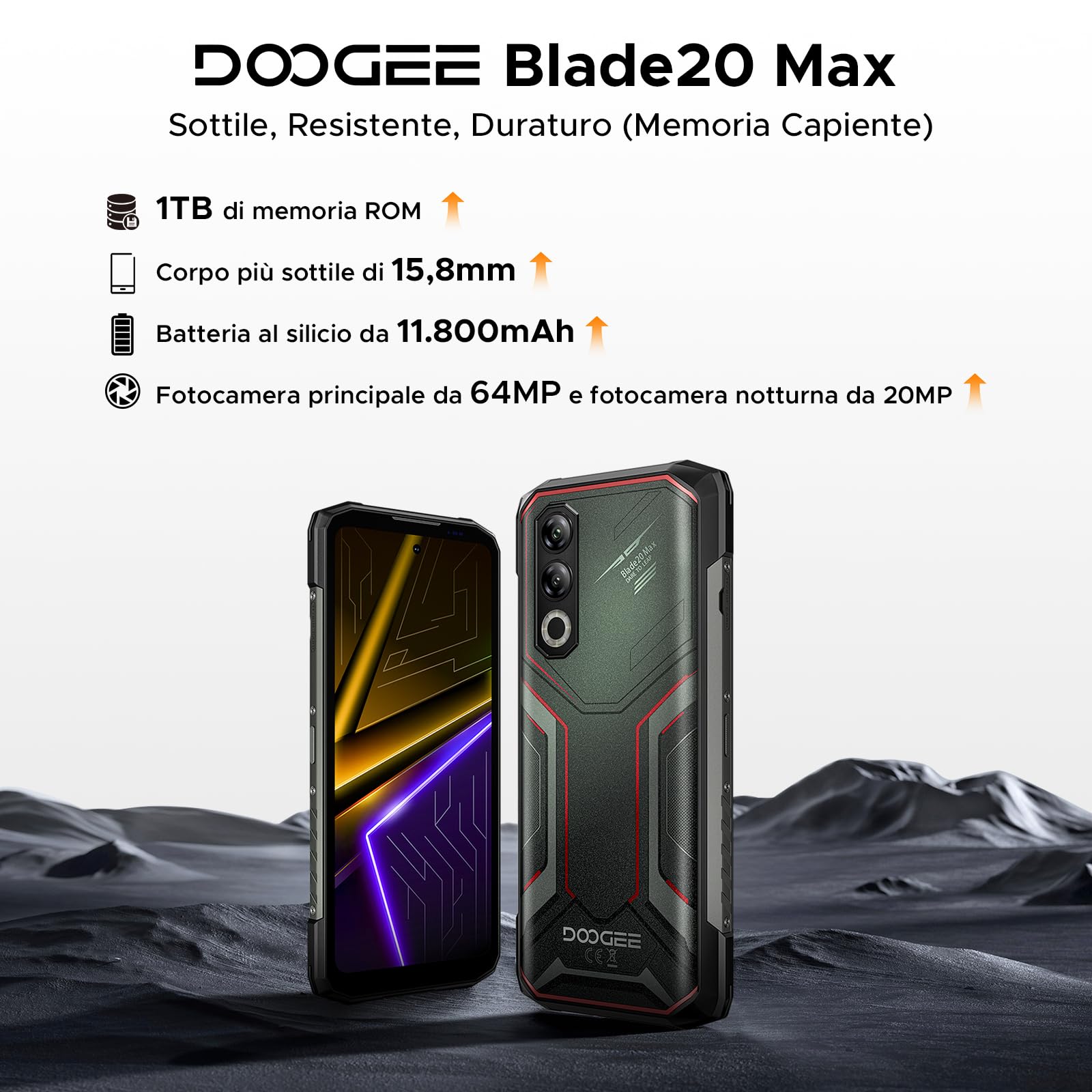 DOOGEE Blade 20 Max Rugged Smartphone, 36GB RAM+1TB ROM(2TB TF) Telefono Indistruttibile, 11800mAh/33W, MTK Helio G100 Octa Core, 6.6" 120Hz, 64MP+20MP+16MP, Android 15/NFC/4G Dual SIM/Face ID
