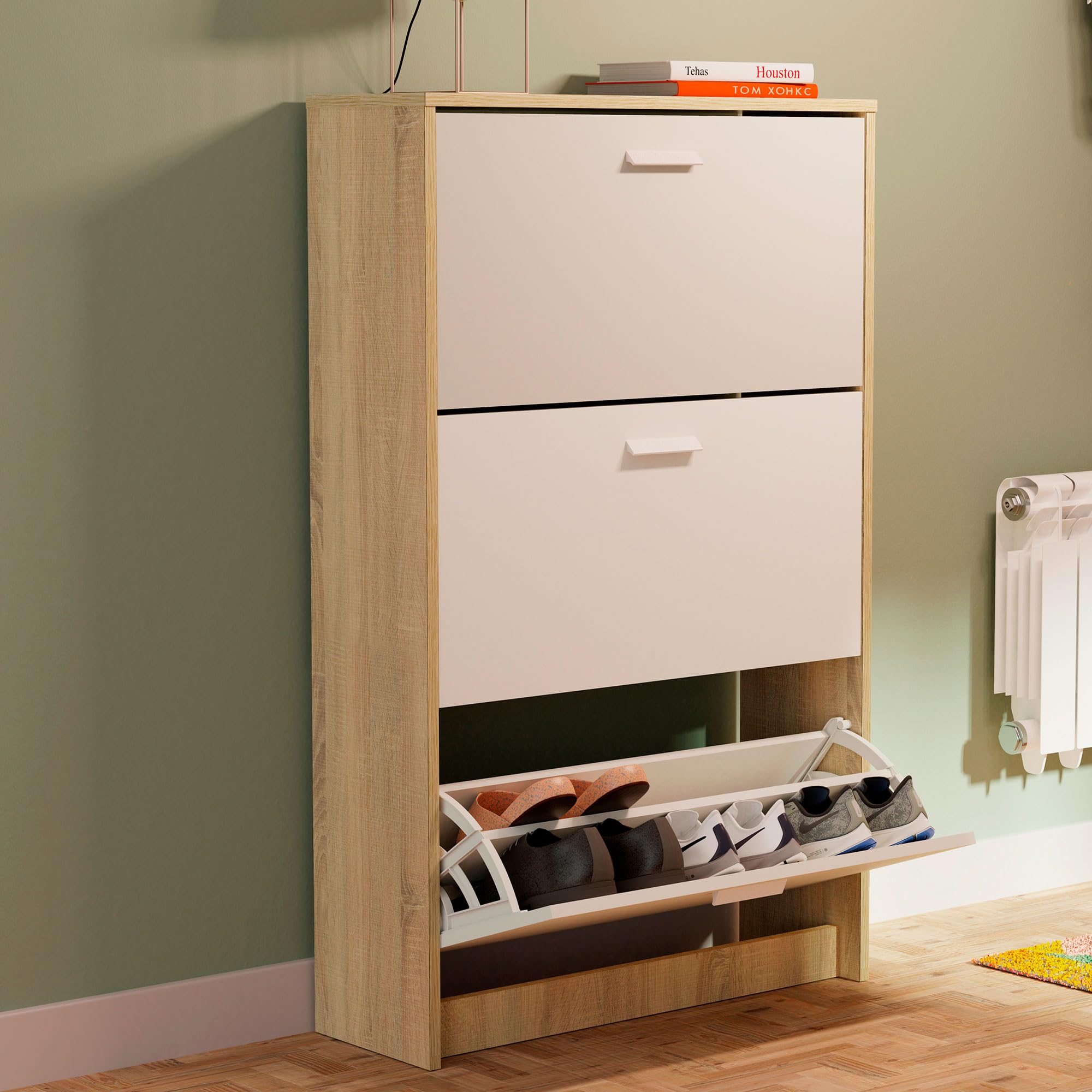 briebe Scarpiera ingresso corridoio, mobile ausiliario stretto in legno per scarpe, 3 porte, 119,5 x 74 x 25 cm (altezza x larghezza x profondità), 18 paia circa, Nova (bianco