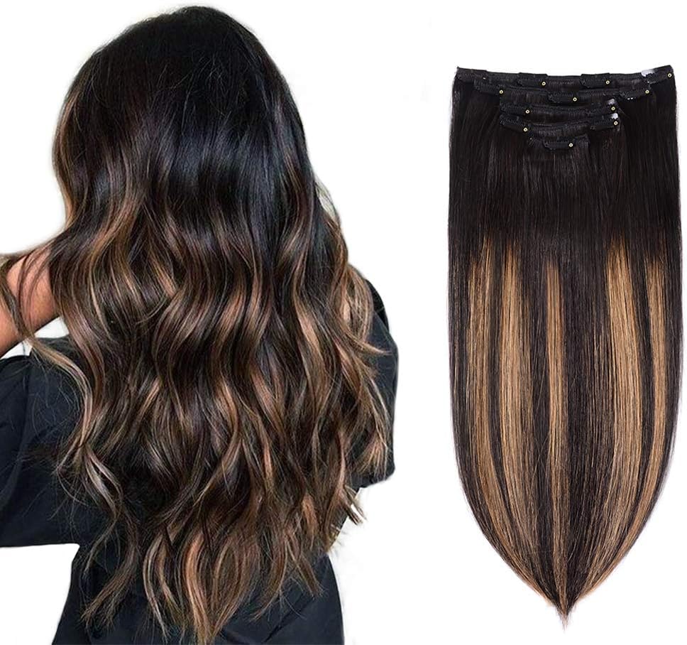 5 Pieces 14" Remy Clip in Hair Extensions Human Hair Natural Black to Chestnut Brown Highlight Black Ombre - Silky Straight Short Thick Real Hair Extensions for Women (14 inches, #(1BT6) P1B, 70grams)