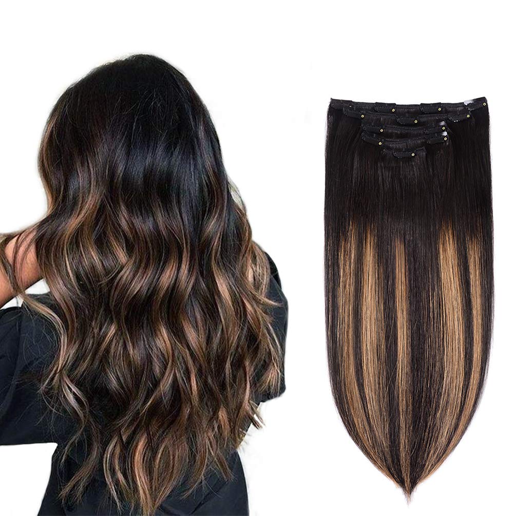 5 Pieces 16" Remy Clip in Hair Extensions Human Hair Natural Black to Chestnut Brown Highlight Black Ombre - Silky Straight Short Thick Real Hair Extensions for Women (16 inches, #(1BT6) P1B, 80grams)