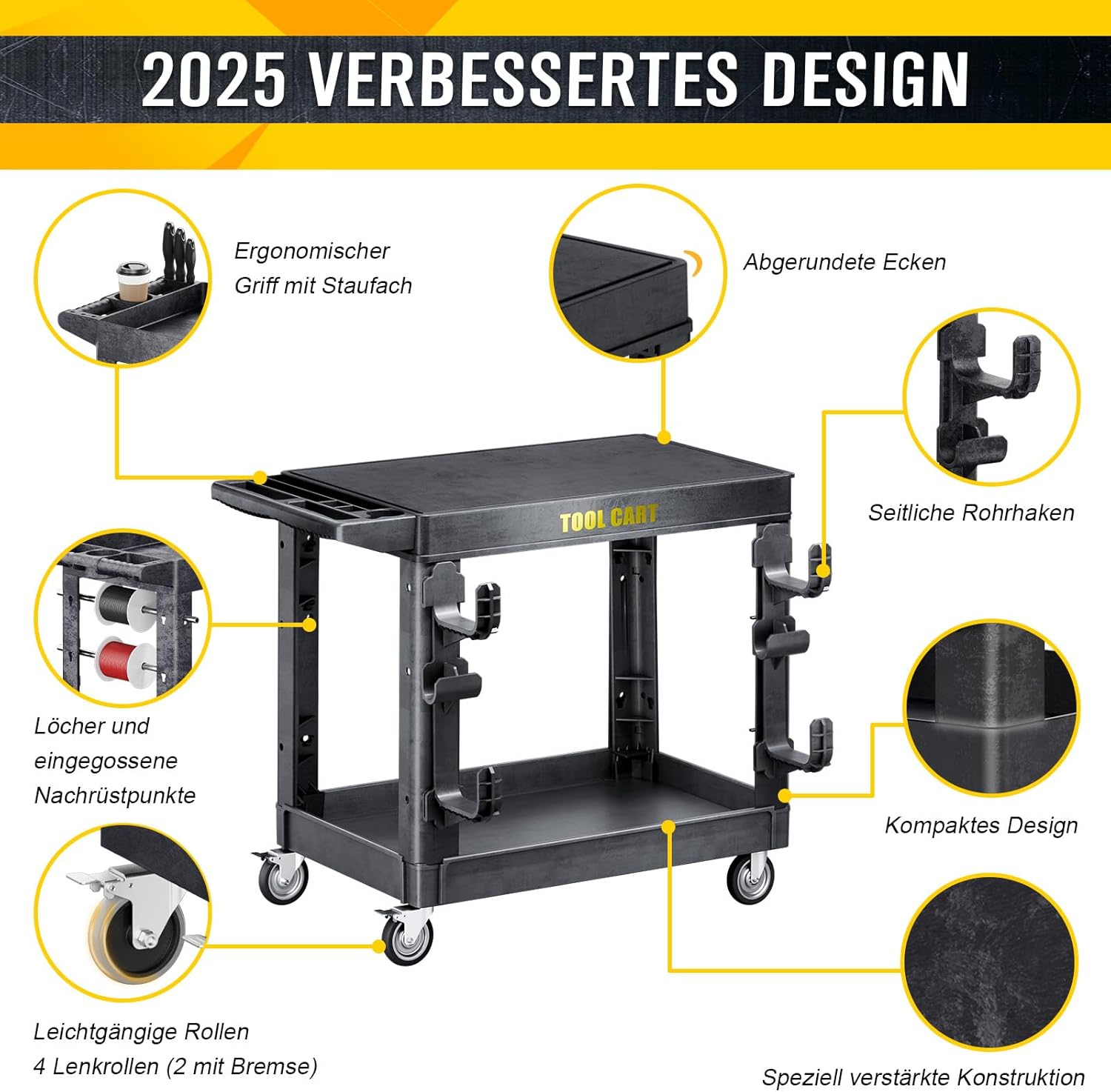 SILVEL Flat Top Utility Cart 45.6X25.2in Heavy Duty Flat with Full Swivel Wheels 600LBS Capacity 2 Shelf Service Cart Rolling Utility Carts with Wheels Ergonomic Handle for Warehouse,Garage,Cleaning