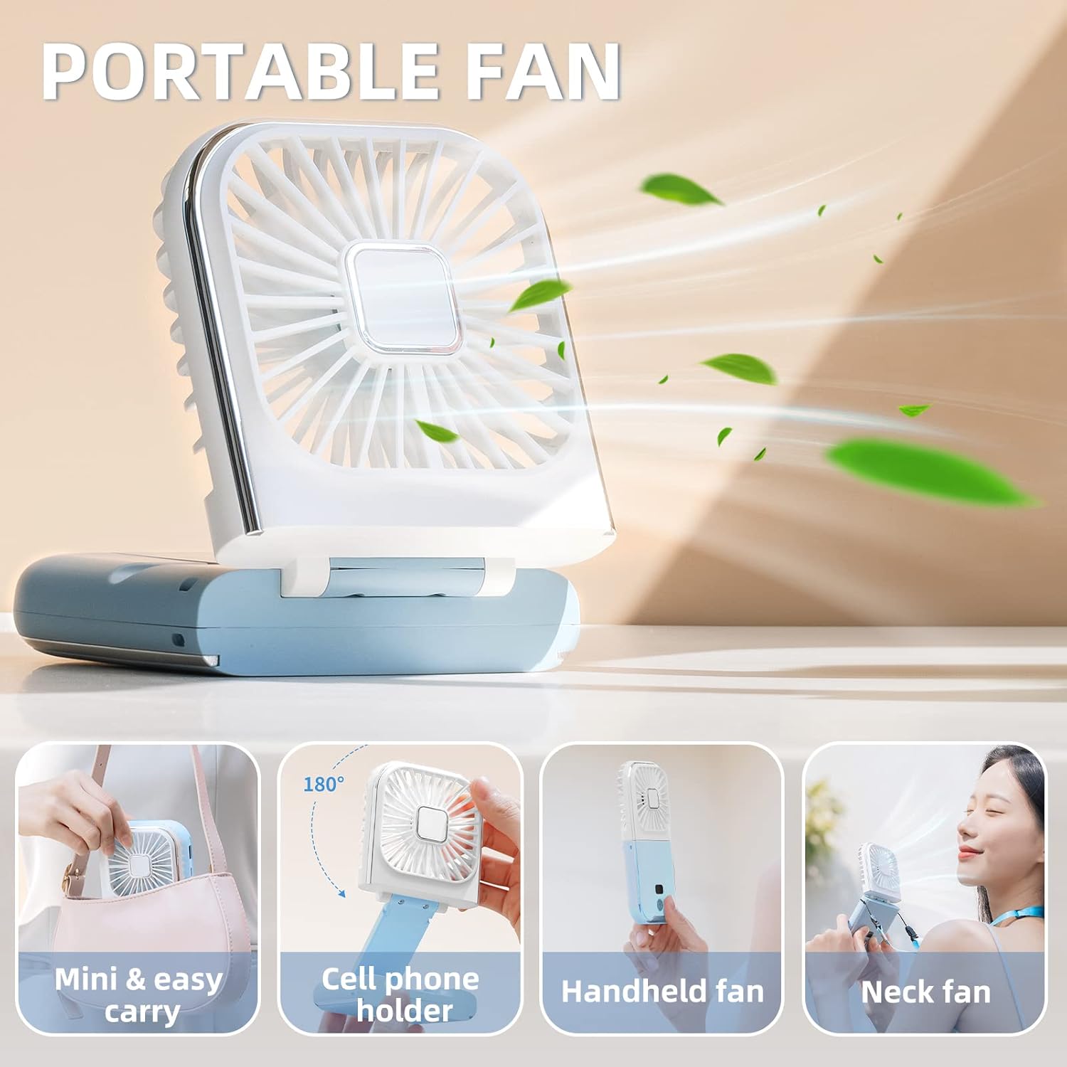 FADACHY Portable Fan Rechargeable, Mini Handheld Fan 3000mAh Battery Operated Small Desk Fan for Office Outdoor Indoor