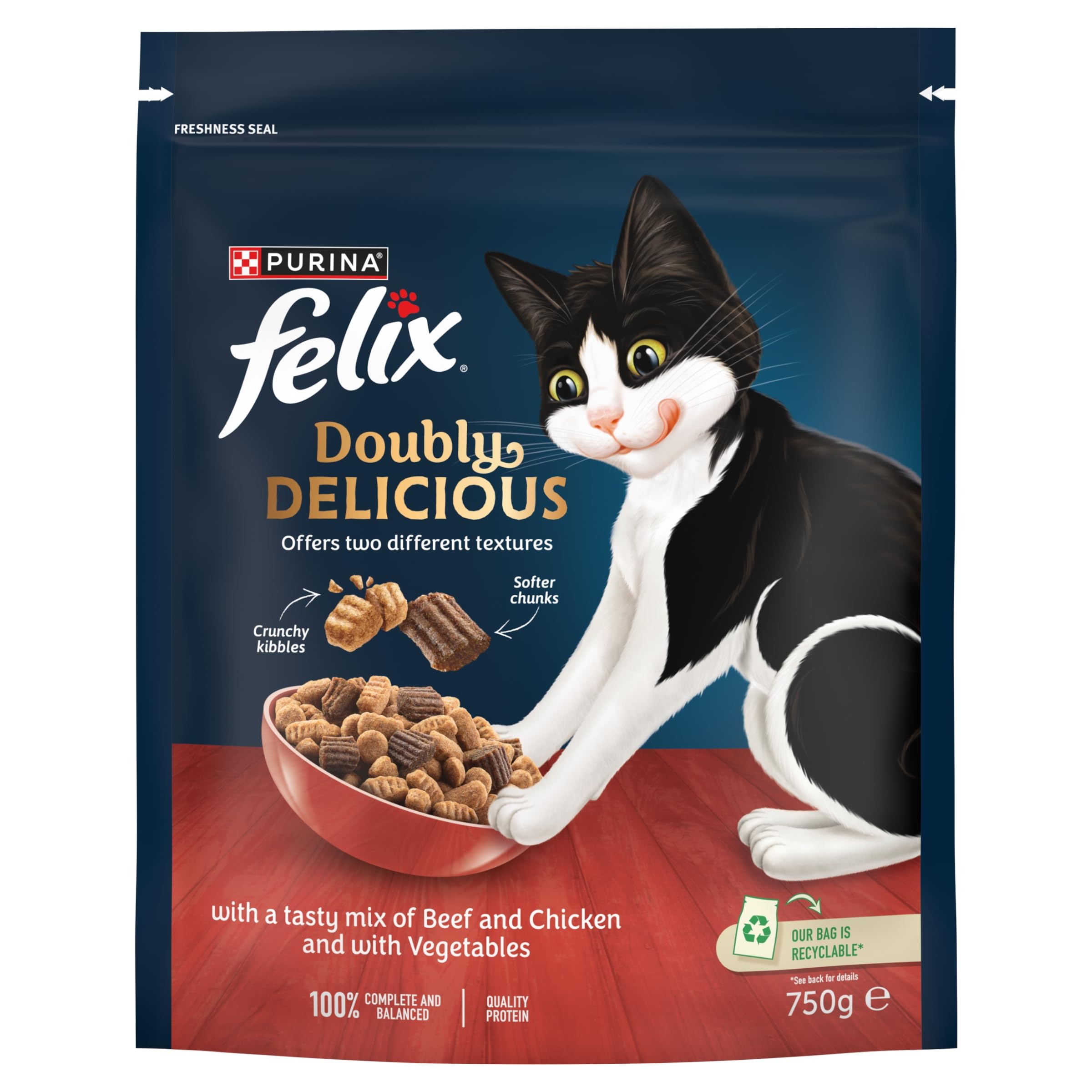 FELIX Doubly Delicious Beef, Chicken & Vegetables Dry Cat Food 750g (Pack of 4)