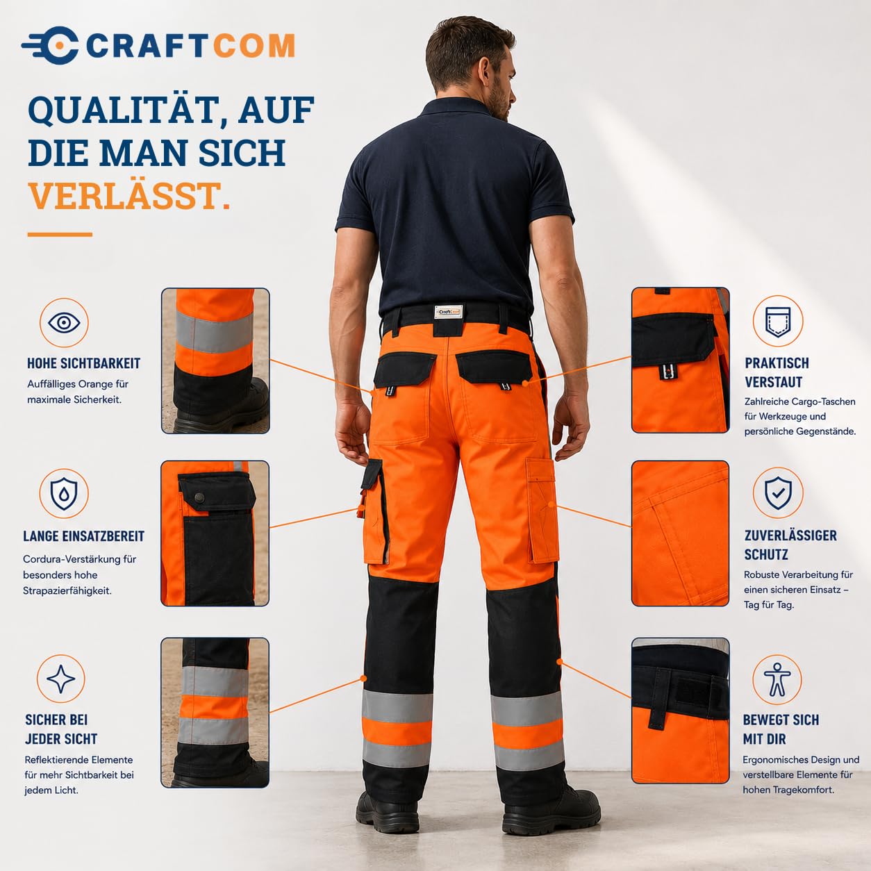 Generisch CraftGear Pantalon de travail pour homme - Pantalons de travail renforcés en Cordura orange avec protection des genoux réfléchissante et poches cargo pour artisans, pantalon de signalisation