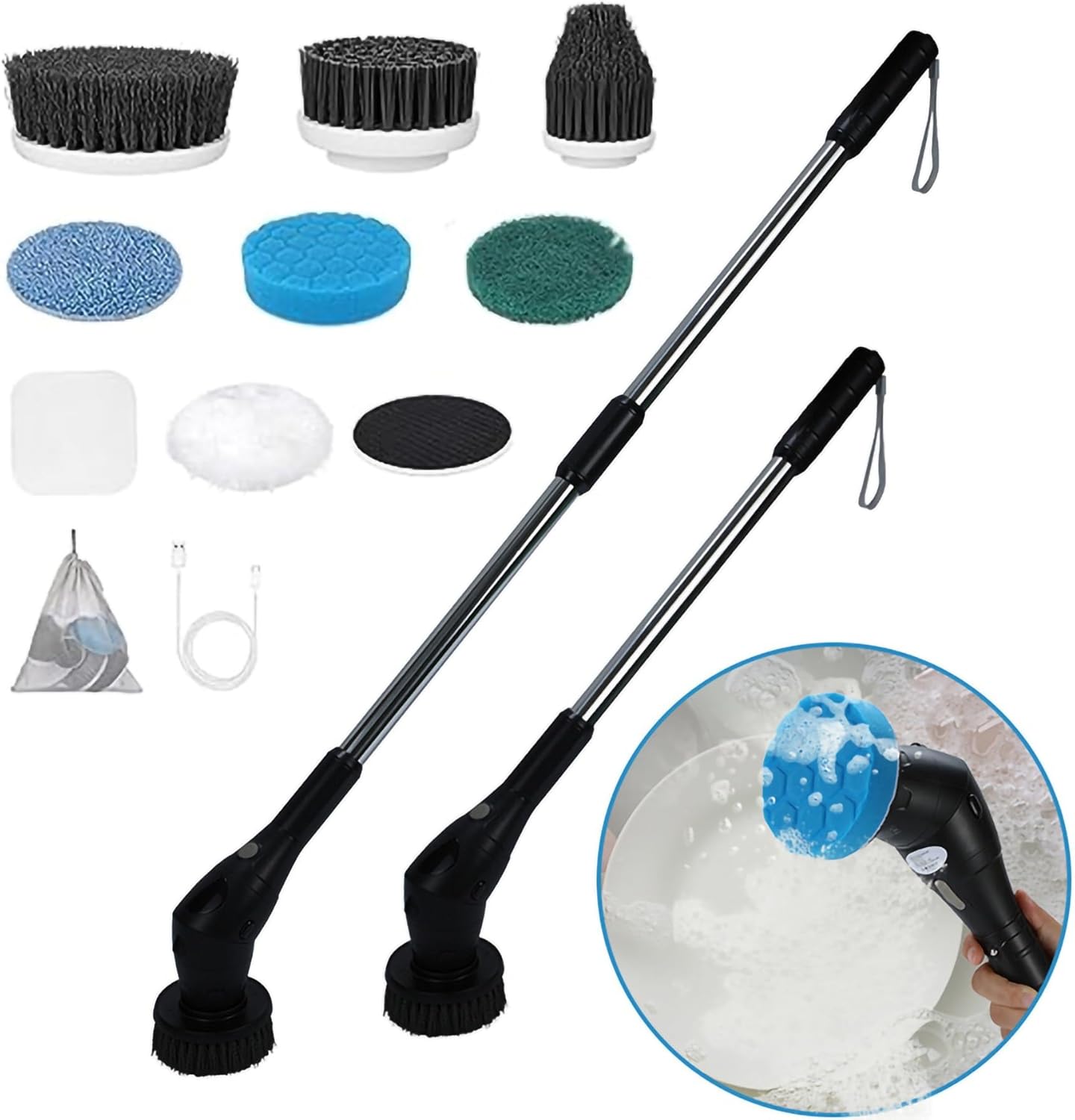 Cleaning Brush Scrubber for Home, LED Display, 2 Rotating Speed Shower Scrubber with Retractable Length, Bathroom Shower Bathtub Glass Car Cordless Scrubber