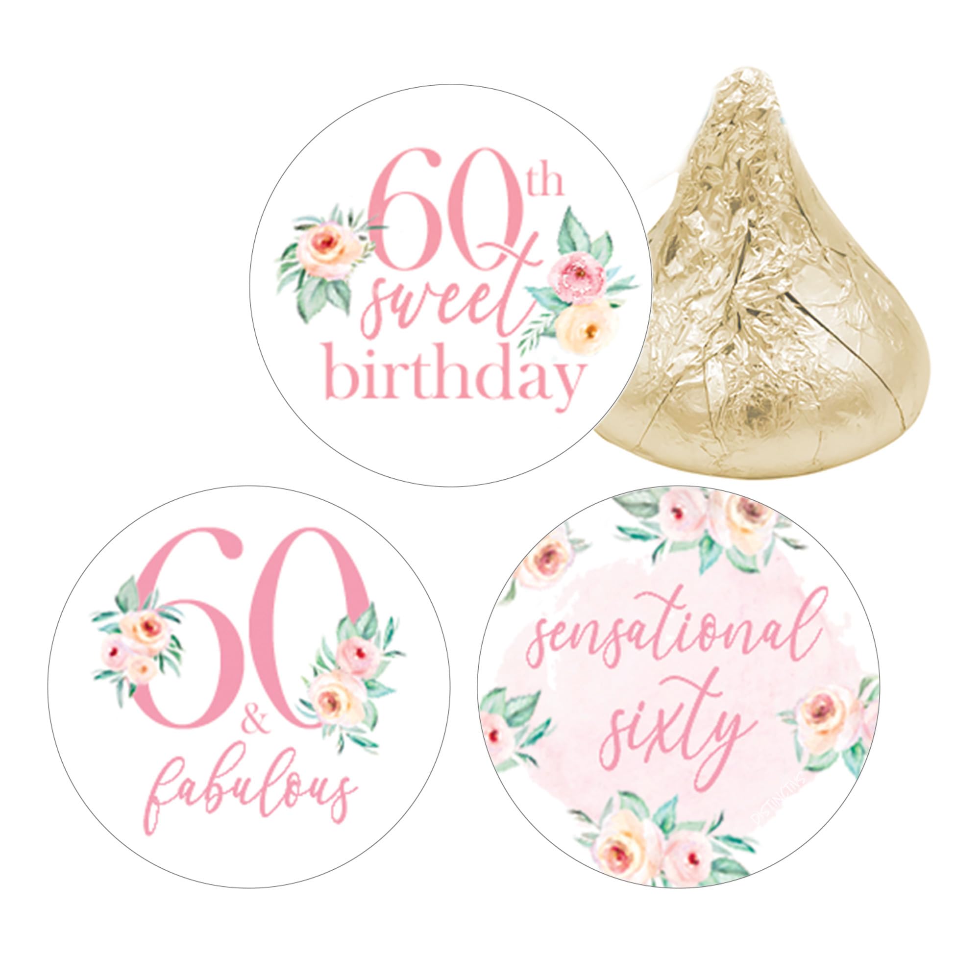Pink Floral 60th Birthday Chocolate Kisses Candy Stickers, Pink 60 and Fabulous Birthday Party Favor Labels - 180 Count