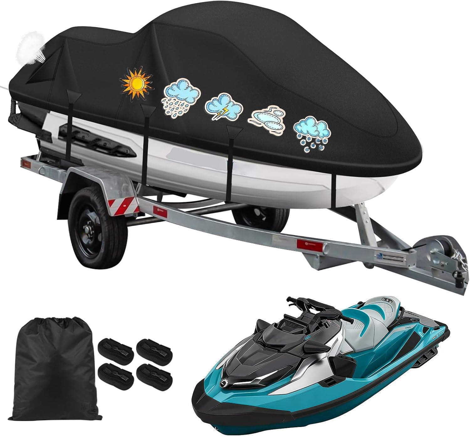 3 Seater Jet Ski Cover,900D Waterproof Jetski Cover with 2 Vents & 4 Windproof Buckles UV Protection Universal Waverunner Cover Fits Yamaha Seadoo from 116" to 125"(Black)