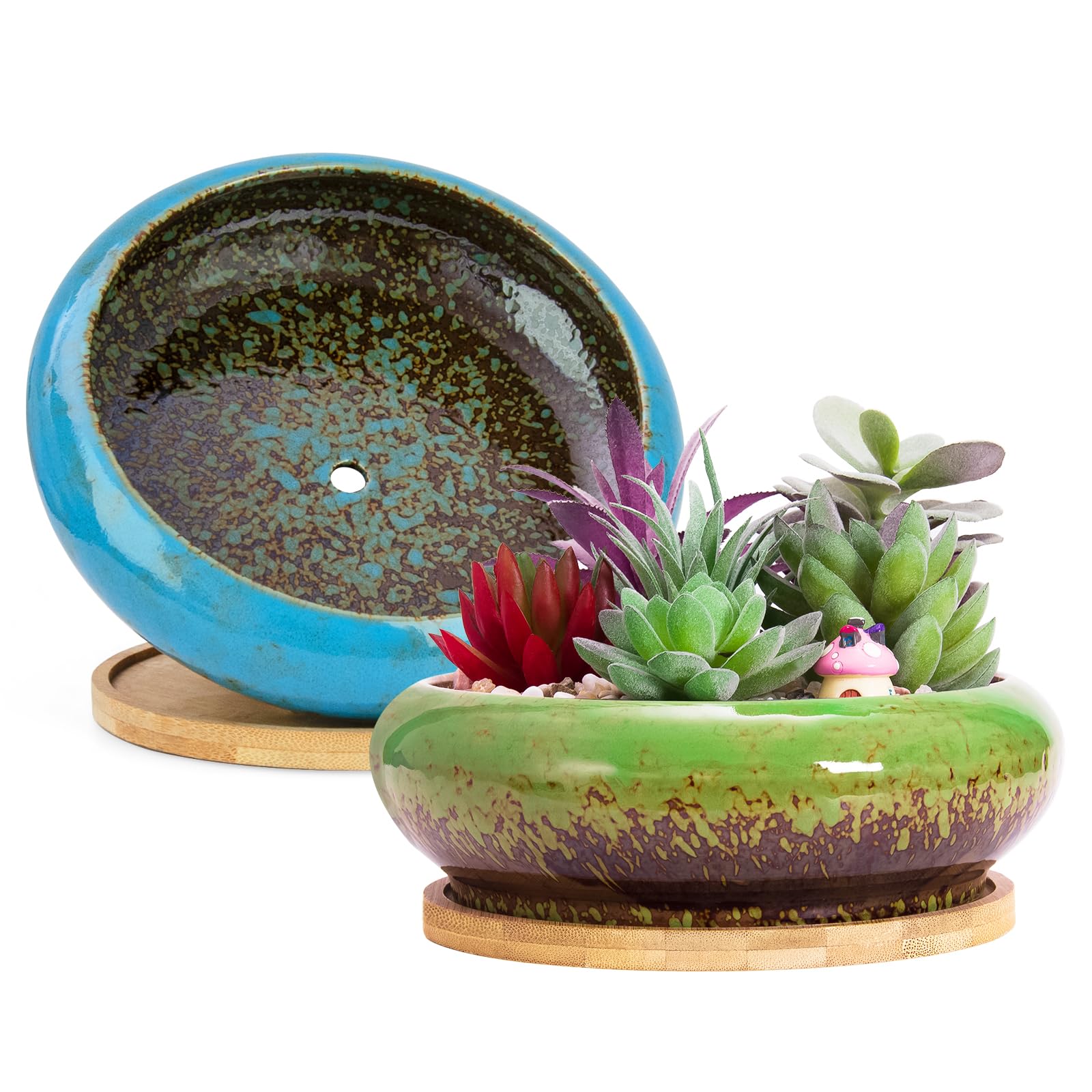 Macetas, macetas Grandes para Plantas suculentas con Drenaje Pack de 2, macetas Poco Profundas para bonsáis con bandejas Macetas de cerámica para Plantas de Interior Cactus