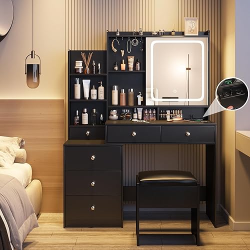 Miniatura 6 de Vabches Escritorio con espejo de maquillaje con taburete, juego de tocador de maquillaje con 6 cajones y estantes, tocador con tira de alimentación,
