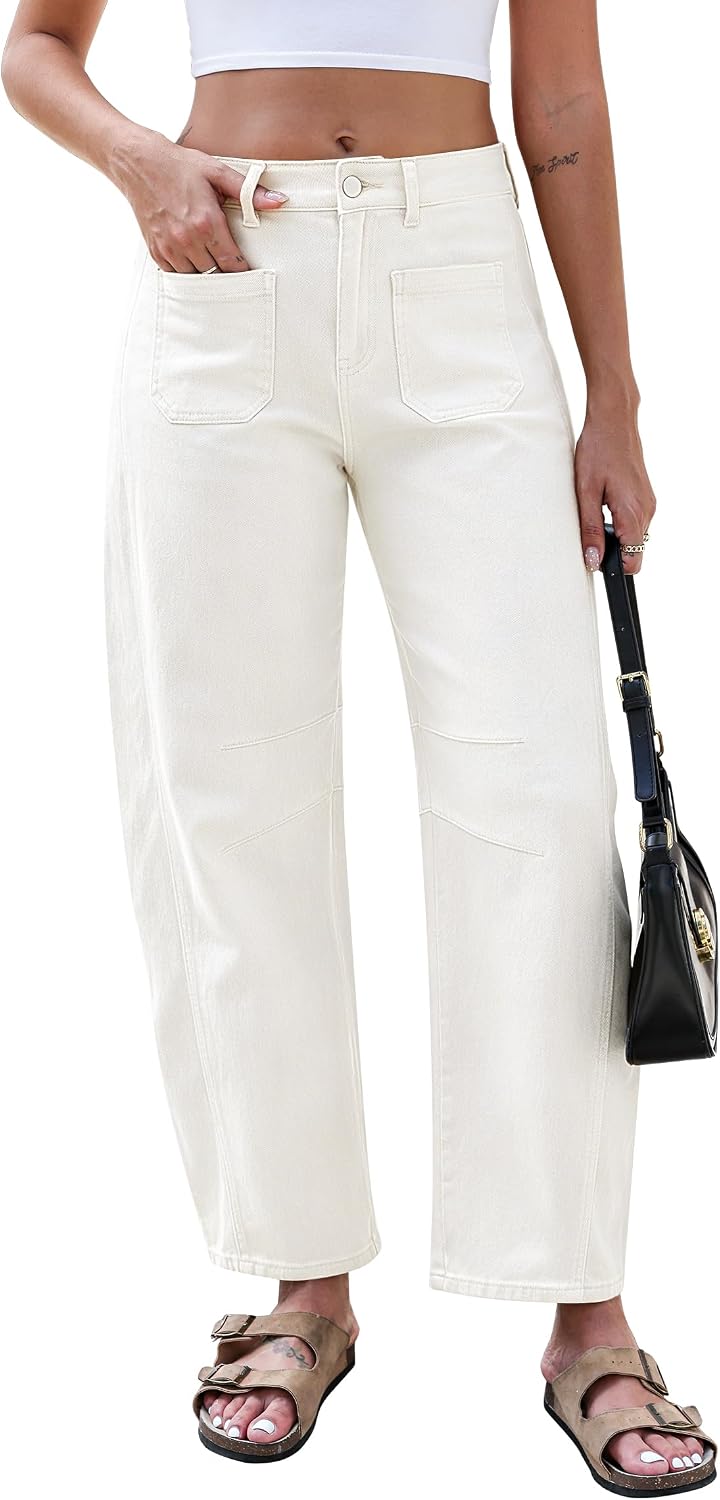 Eddoyee Wide Leg Barrel Pants Women - Stretchy High Waist Baggy Pants Y2k Boyfriend Ankle Trousers with Pockets