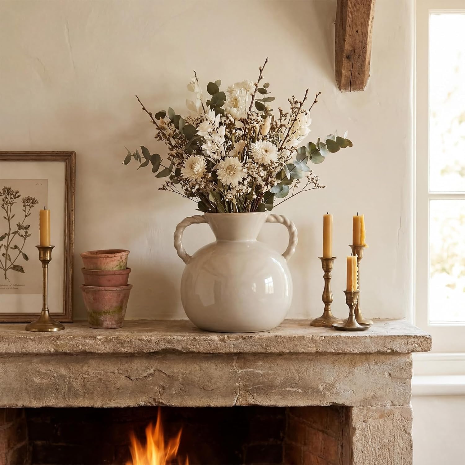 Rustic Home Decor Vase 9.25 Inch Beige Stoneware Flower Vase with 2 Twisted Handles for Table Centerpiece Mantel Ornaments Decoration