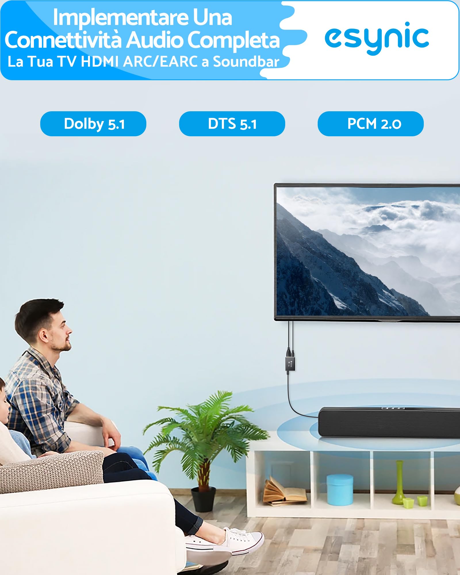 eSynic 192KHz Convertitore Audio da eARC/ARC HDMI a Ottico per HDTV a Soundbar Cuffie Wireless Home Theater, eARC ARC Audio Extractor Professionale, Cavi HDMI e Ottico Inclusi, Supporta 5.1ch e 2.0ch