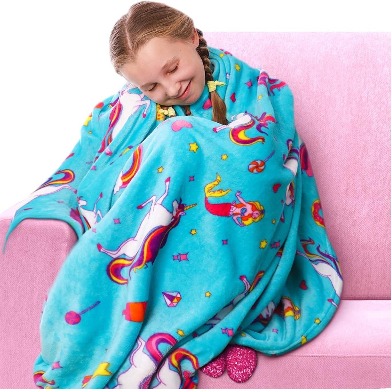 GirlZone Girls Plush Throw Blanket with Mermaid & Unicorn Print - Small Single, 46 x 67 in, Blue - Heavyweight Plush Fleece Throw & Fuzzy Blanket for Tween Ages 7+ - Machine Washable