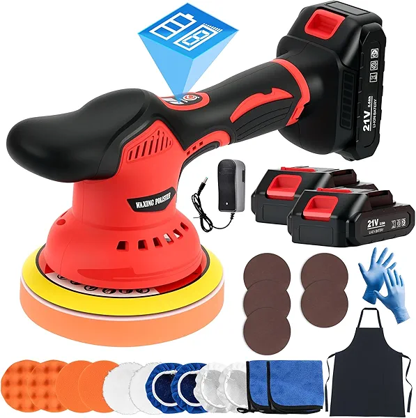 Cordless Car Buffer Polisher Kit with 2x2000mAh 21V Batteries, 6 Inch Car Polisher with 8 Variable Speed 2800-5500RPM & 18 PCS Attachments, Orbital Polisher for Car Detailing, Sanding,Scratch Removing