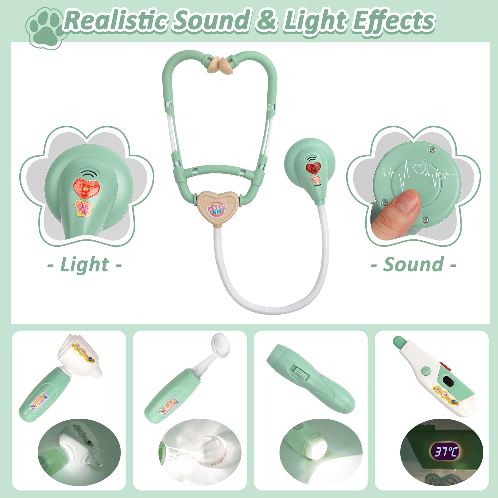 Liberry Doctor Kit for Toddlers 3 4 5 6 Years Old, 26 Pcs Kids Doctor Playset with Dog Toy, Stethoscope and Dress Up Costume, Pretend Play Medical Gift for Boys Girls (Green)