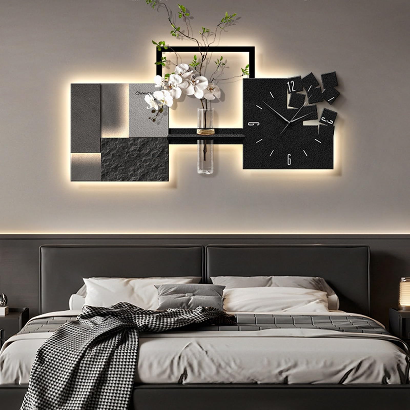 MESCXTY 3D Sandstone Wall Art with LED Light and Clock, Modern Sculpture Floating Shelf Vase, Lighted Decorative Painting for Living Room(Black B,47.2 * 23.6in)