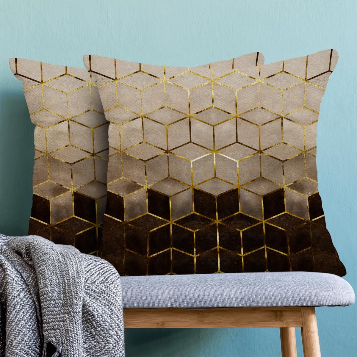 Boho Brown Pillow Covers 16x16 Inch Set of 2 Abstract Brown Golden Geometric Throw Pillows Outdoor Decorative Modern Art Cubic Pillowcase Linen Cushion Cases for Bed Sofa Couch image 2