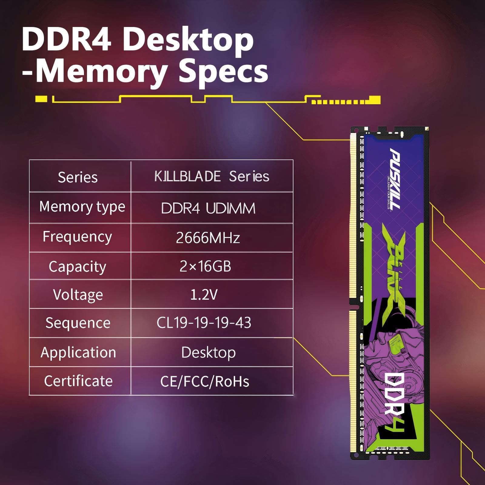 PUSKILL Kit da 32 GB (2 x 16 GB) DDR4 RAM 2666 MHz PC4-21300 memoria desktop, non ECC unbuffered UDIMM 1,2 V CL19 288 pin, modulo di aggiornamento per computer PC a doppio canale per Intel e AMD