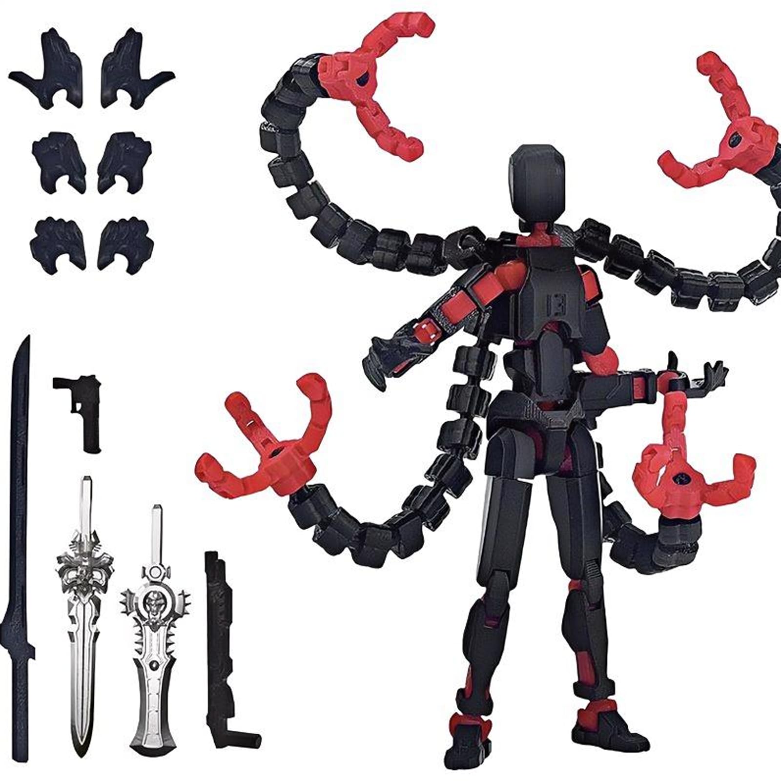T13 Action Figure,Already Assembled Multi-Jointed Movable 3D Printed Figure,Fully Poseable with 7 Weapons and 3 Hands,for Collectors Desktop Decorations,Stop Motion Figures,Toy Model (Black Red)
