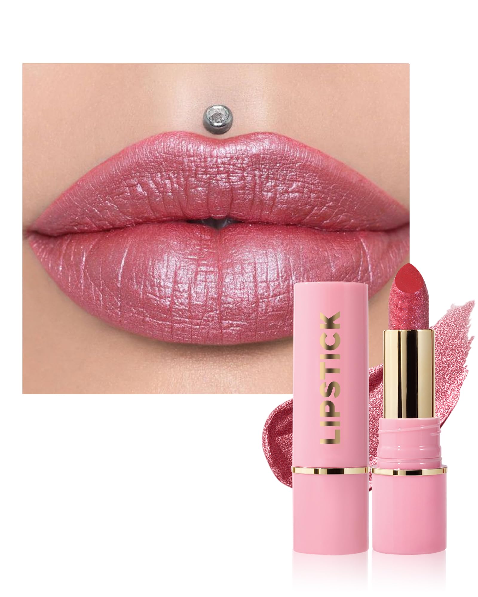 Glitter Metallic Cherry Plum Shimmer Lipstick Long Lasting,Glitter Diamond Shine Red Lipstick Transfer Proof Non-Stick Lip Gloss Shimmer Highly