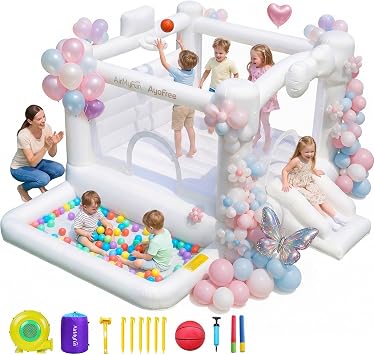 AirMyFun White Inflatable Bounce House for Kids 8-12 Years Old Indoor Outdoor Playground with Water Slide, Small